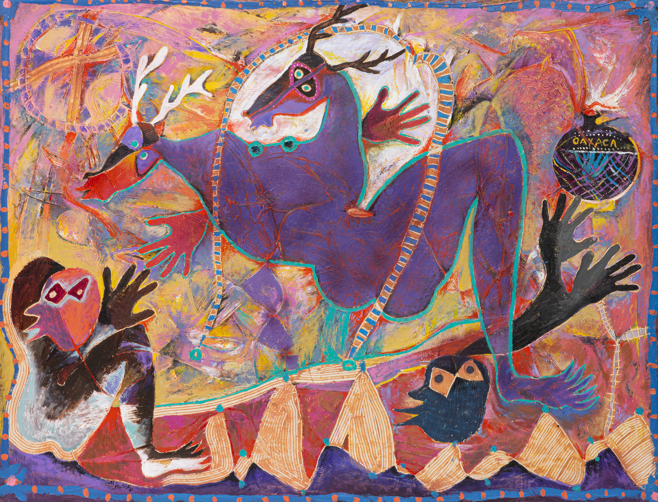 Alejandro Santiago (Mexican, 1964–2013), <em>Untitled (Oaxaca Bomb)</em>, 1991, oil on canvas, 51.5″ x 67.5″.<br><b>Estimate: $5,000–$7,000</b>