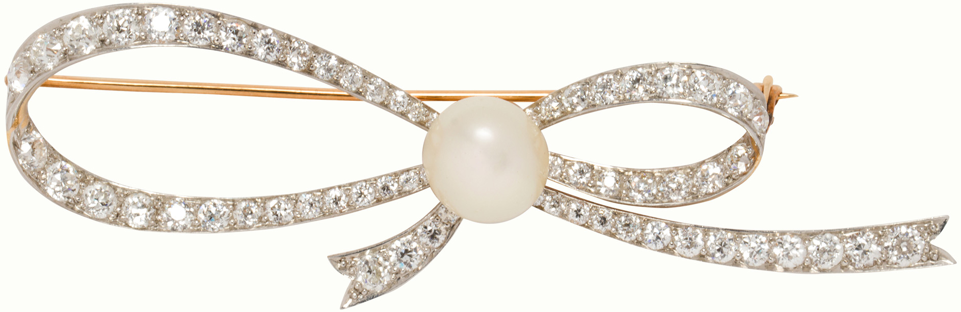 A Tiffany & Company natural saltwater pearl, diamond and platinum topped 18k gold brooch.<br><b>Estimate: $8,000–$12,000</b>