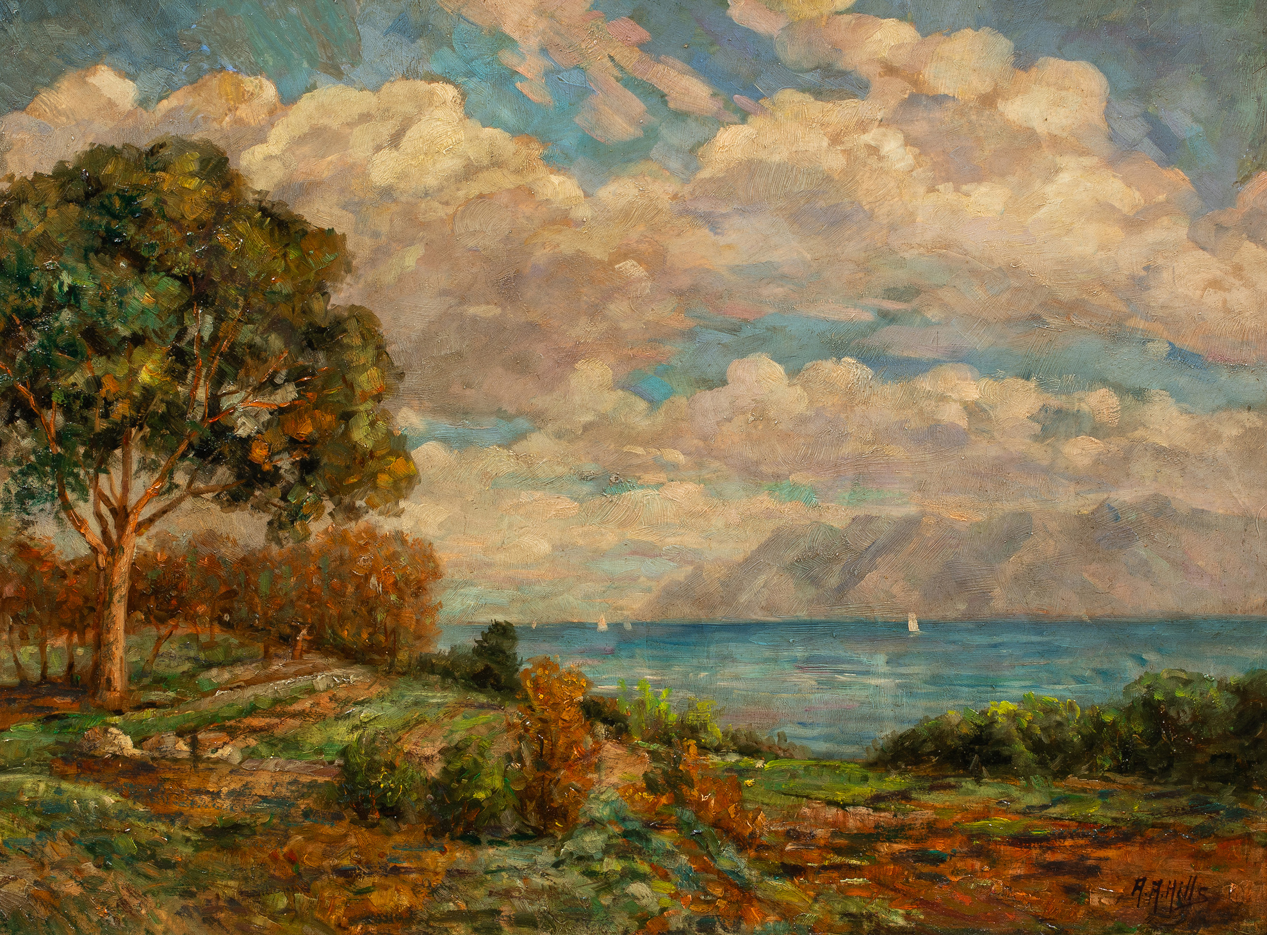 Anna Althea Hills (American, 1882–1930), Untitled (Autumn Landscape with Lake), oil on masonite, 18″ x 24″. Estimate: $5,000–$7,000