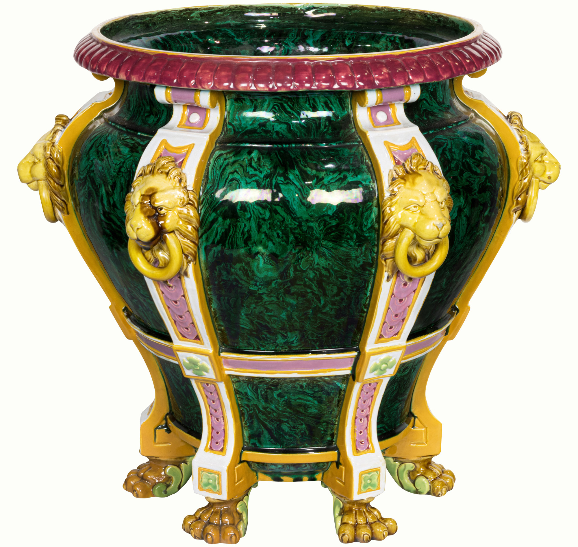A large Minton majolica faux malachite jardinière, circa 1868.<br><b>Estimate: $1,000–$1,500</b>