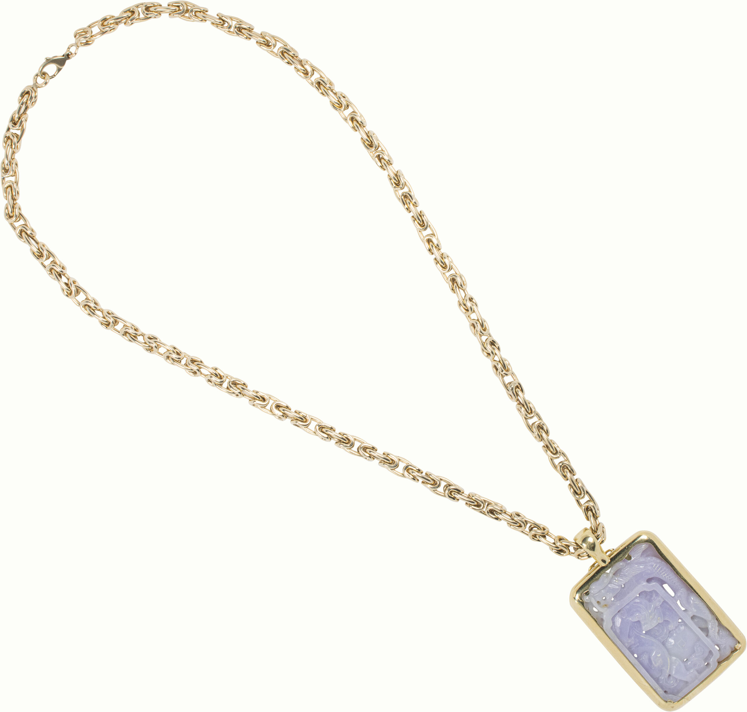 A lavender Jade and 14k gold necklace. <br><b>Estimate: $5,000–$7,000</b>