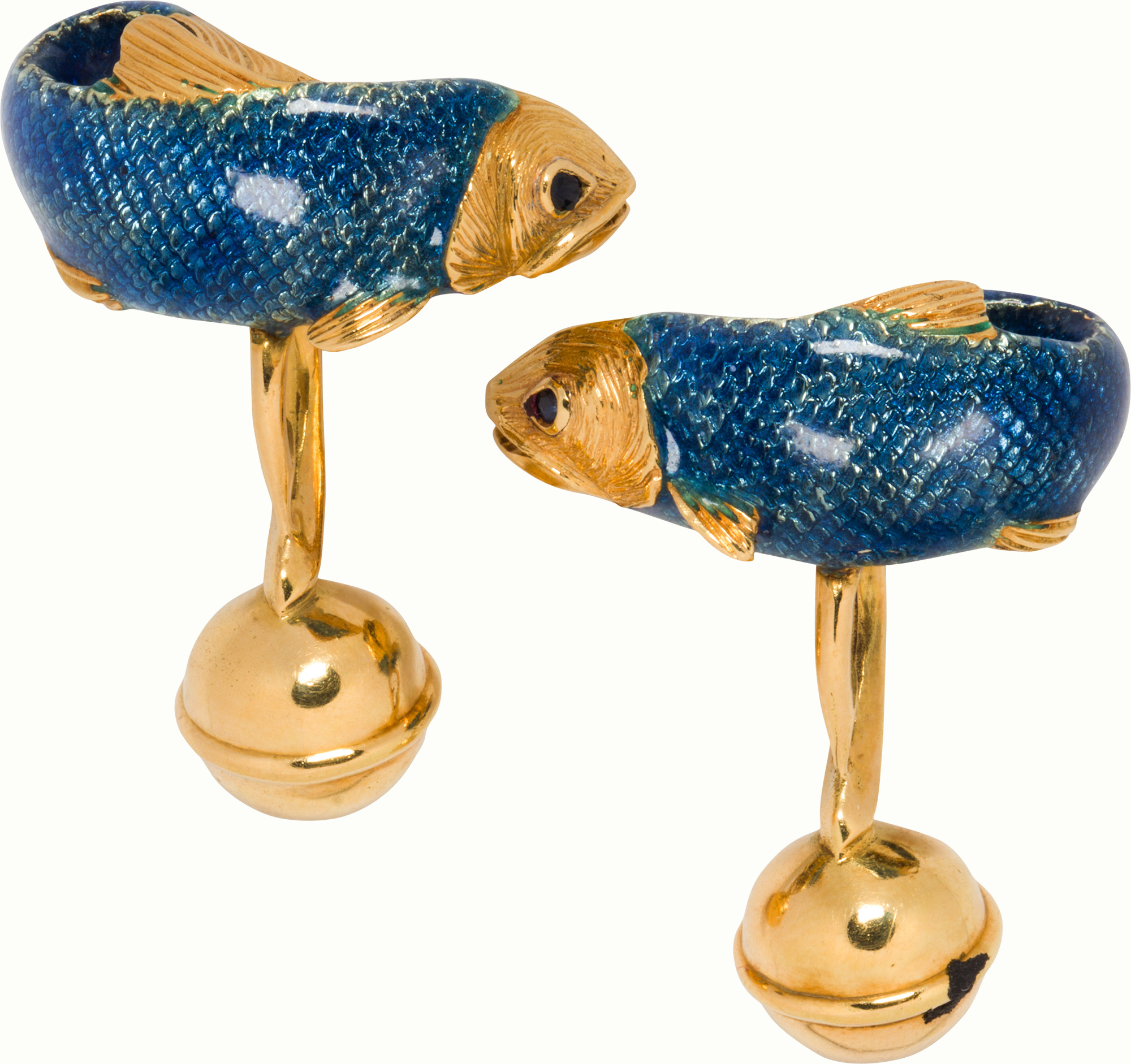A pair of Tiffany & Co. 1999 enamel and 18k gold fish cufflinks. Estimate: $2,000–$3,000
