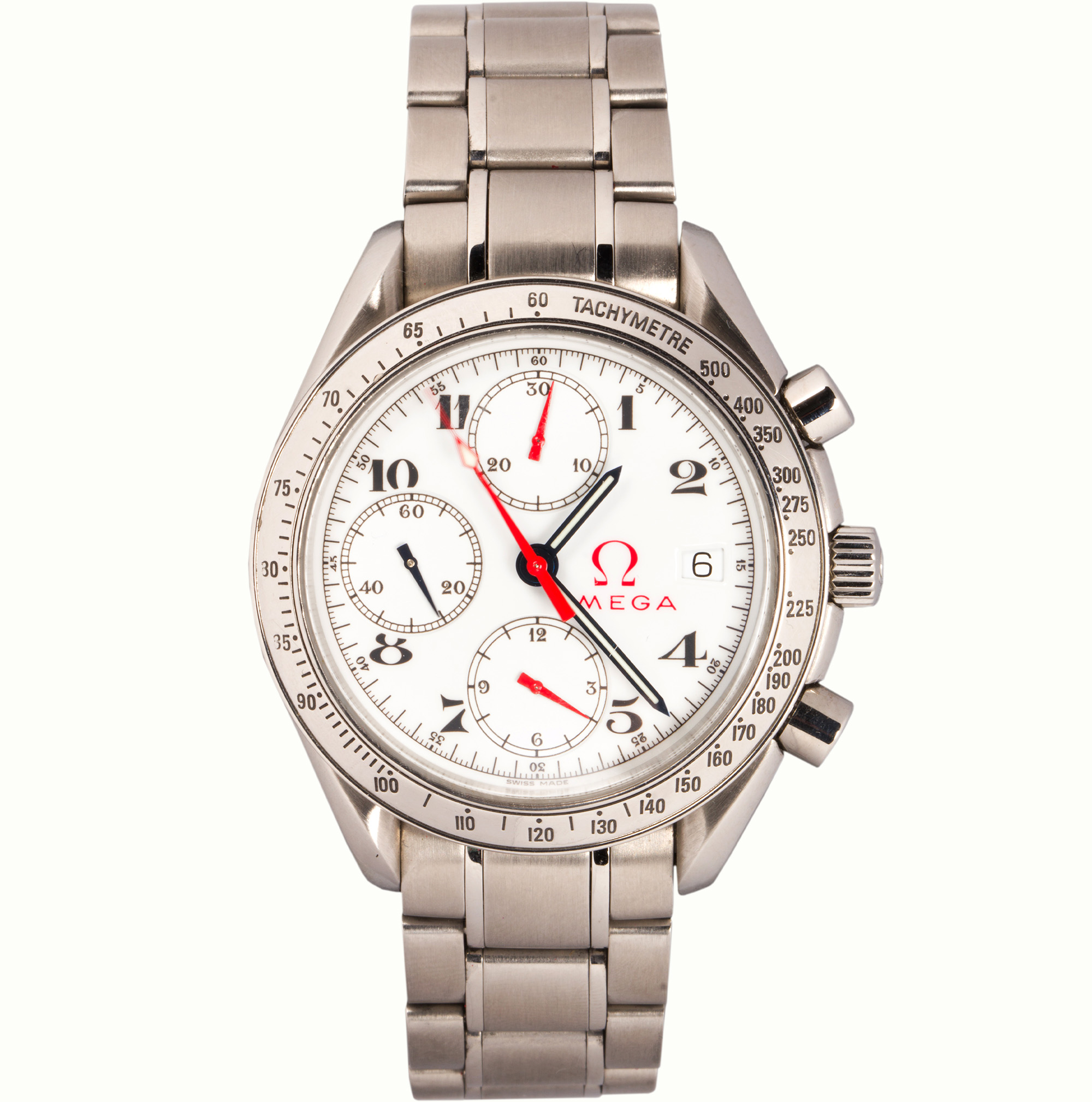 An Omega Speed Master Olympic stainless steel wrist watch. Estimate: $5,000–$7,000
