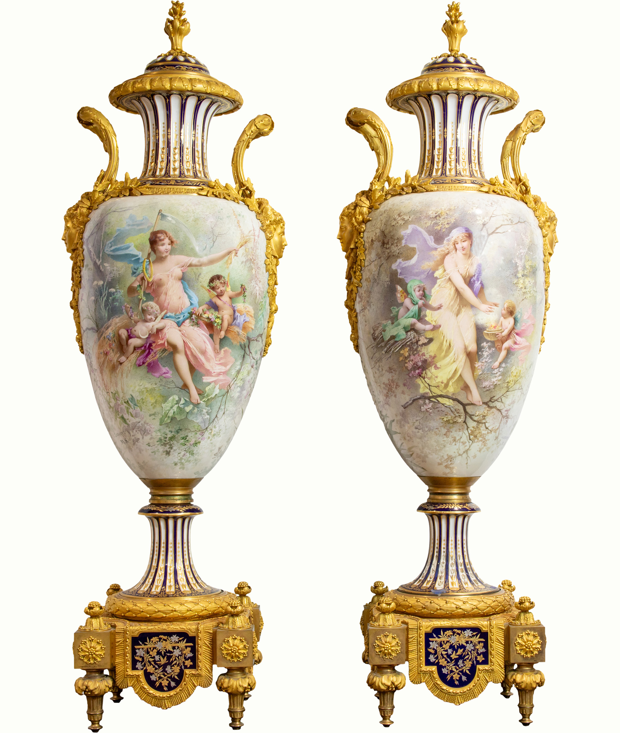 An impressive pair of Sèvres style porcelain gilt bronze mounted covered urns, late 19th century.<br><b>Estimate: $4,000–$6,000</b>