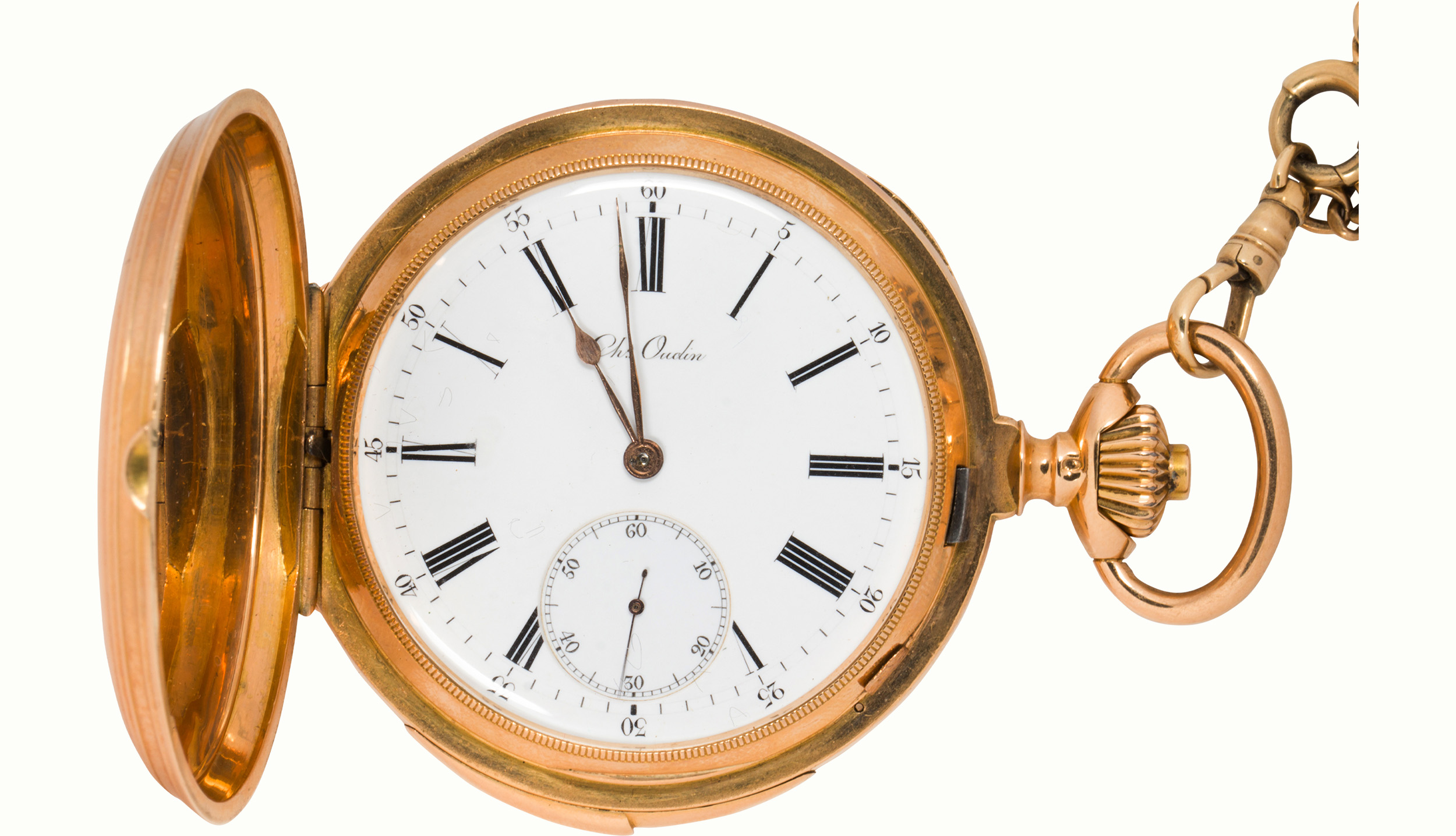 A Ch. Oudin Paris Horloger De La Marine 17 ave De L’Opéra 18k gold minute repeater gold pocket watch.<br><b>Estimate: $10,000–$20,000</b>