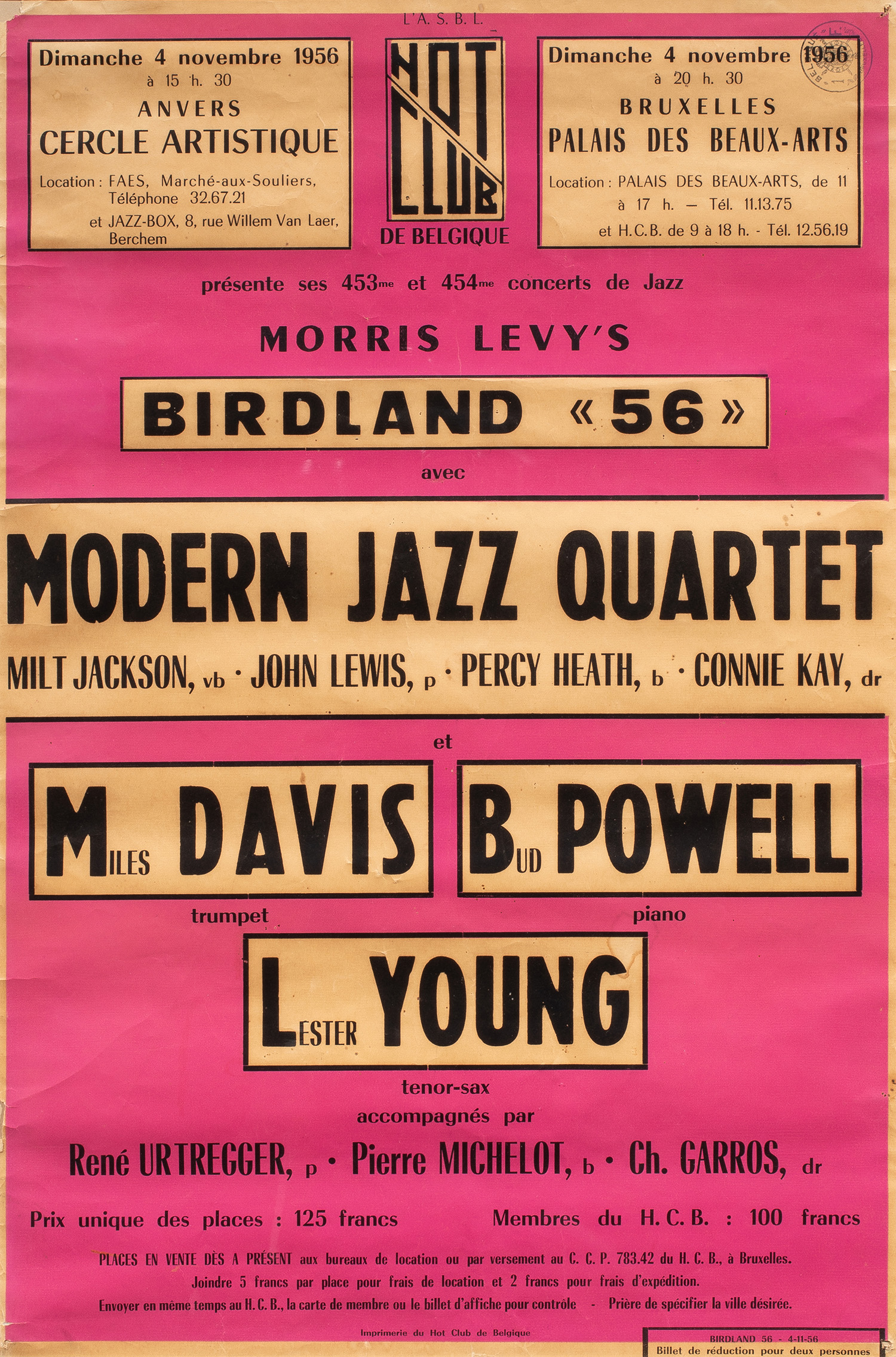 A jazz era Hot Club de Belgique poster, Morris Levy’s Birdland 56 Modern Jazz Quartet: Milt Jackson, John Lewis and others. <br><b>Sold: $3,150</b>