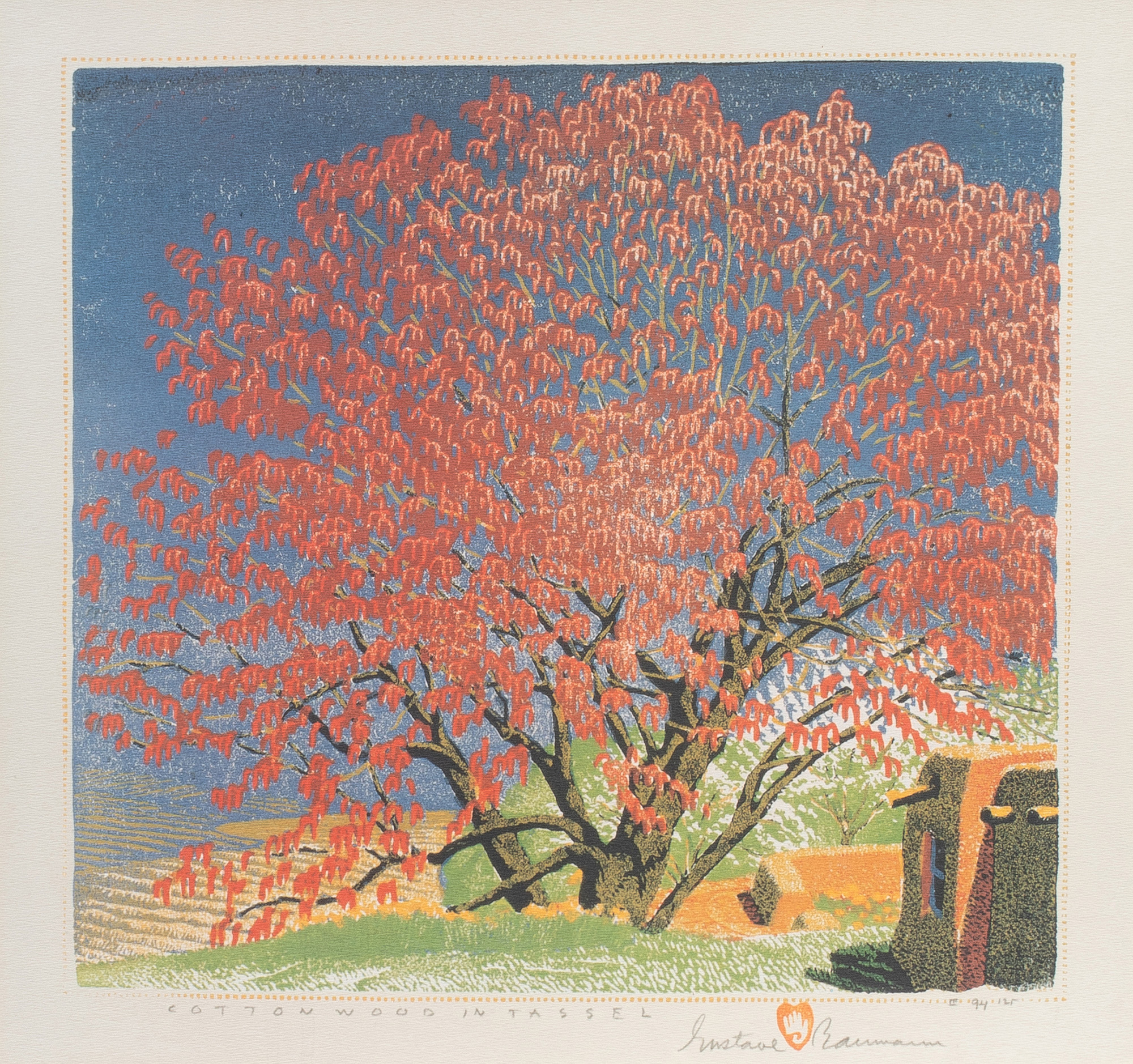 Gustave Baumann (American/German, 1881–1971), Cottonwood Tassels, 1943, woodcut in colors, 12.25″ x 13.19″.Estimate: $6,000–$9,000