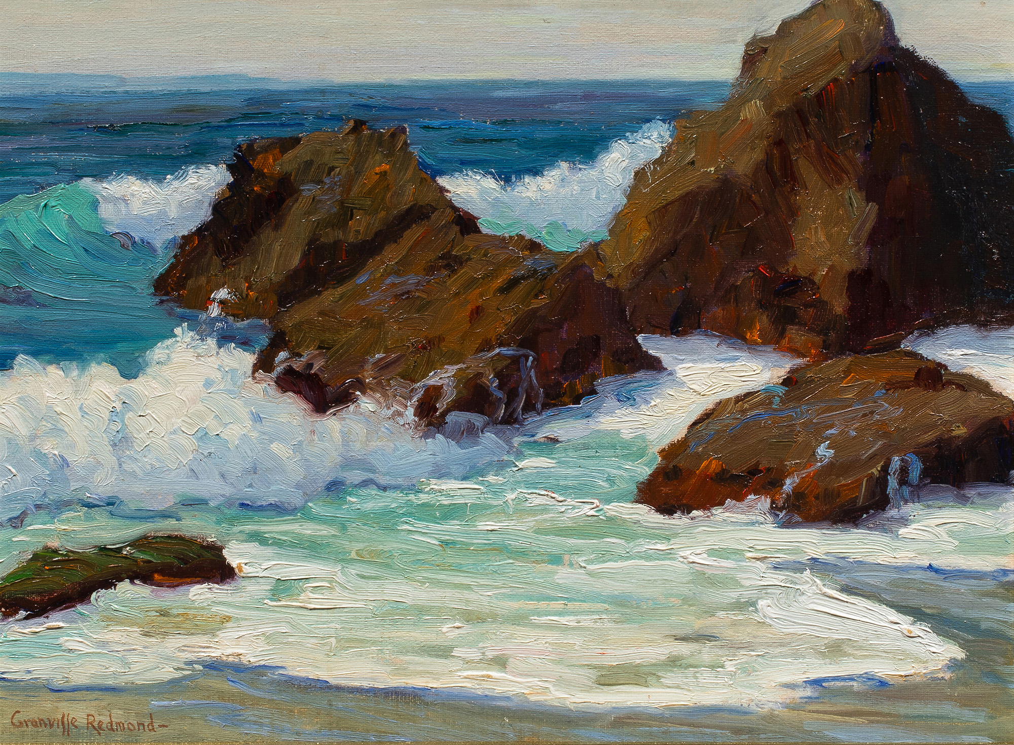 Granville Redmond (American, 1871–1935), Carmel, 1932, oil on canvas board, 12.25″ x 15.75″.Estimate: $10,000–$15,000