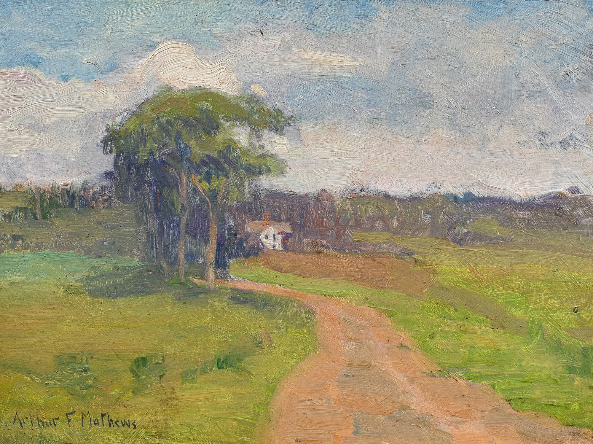 Arthur Frank Mathews (American, 1860–1945), Untitled (Monterey Farm), oil on canvas board, 9.5″ x 13″. Estimate: $6,000–$9,000