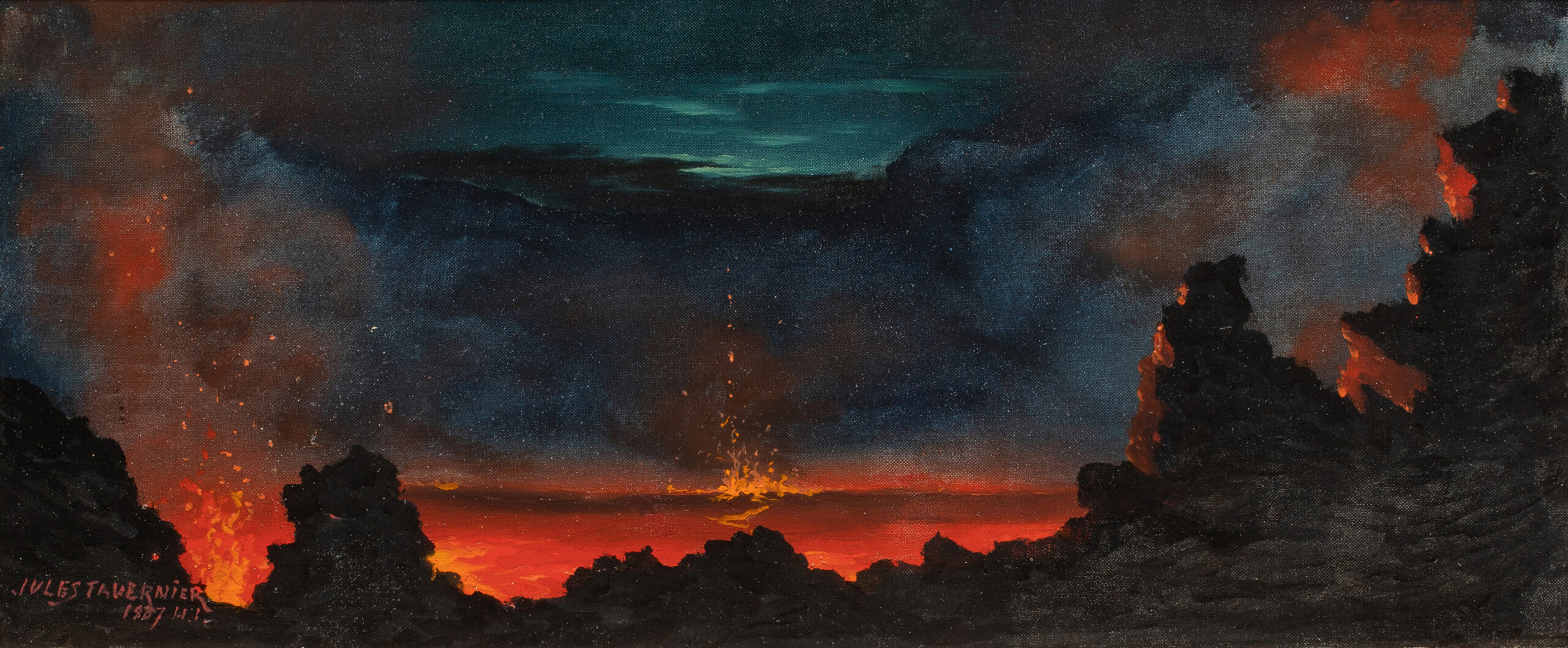 Jules Tavernier (American/French, 1844–1889), Kīlauea Caldera (Hawaiian Islands), 1887, oil on canvas board, 10″ x 22.5″.Estimate: $10,000–$15,000