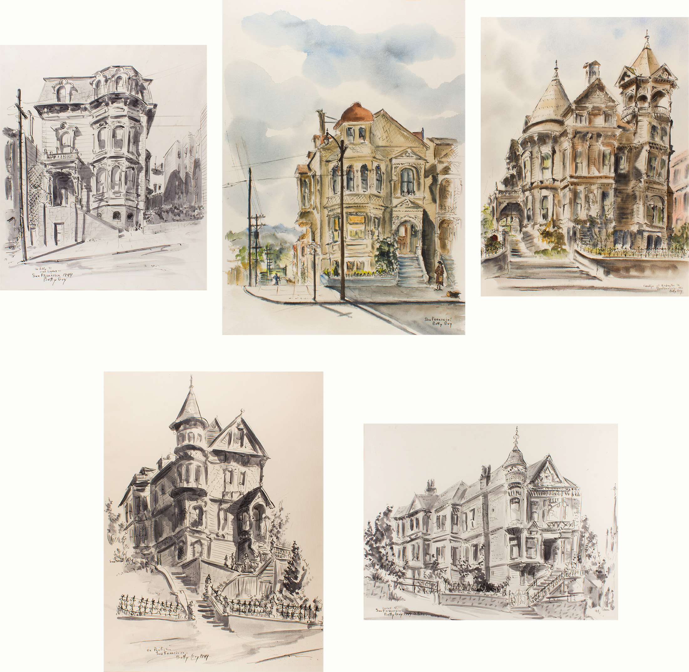 (lot of 5) Betty Guy (American, 1920–2016), Views of San Francisco, each watercolor and ink. Estimate: $500–$700