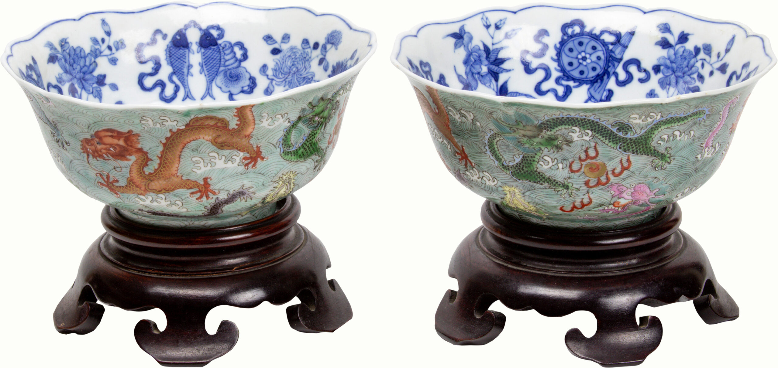 A pair of Chinese polychrome enameled and blue and white ‘dragon’ bowls. <br><b>Estimate: $1,500–$2,500</b>
