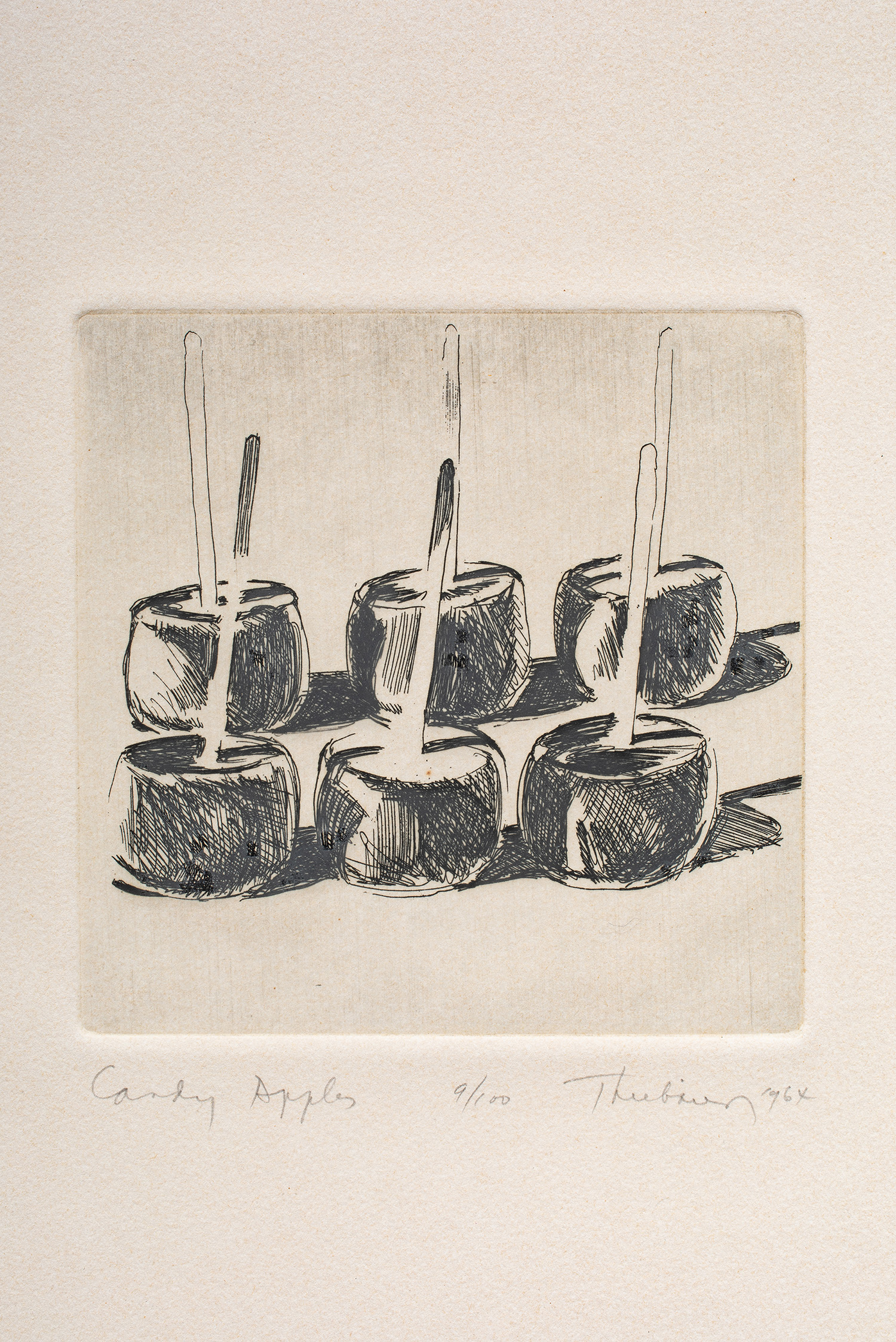 Wayne Thiebaud (American, 1920–2021), Candy Apples, 1964, etching, 4.75″ x 5″. Estimate: $7,000–$10,000