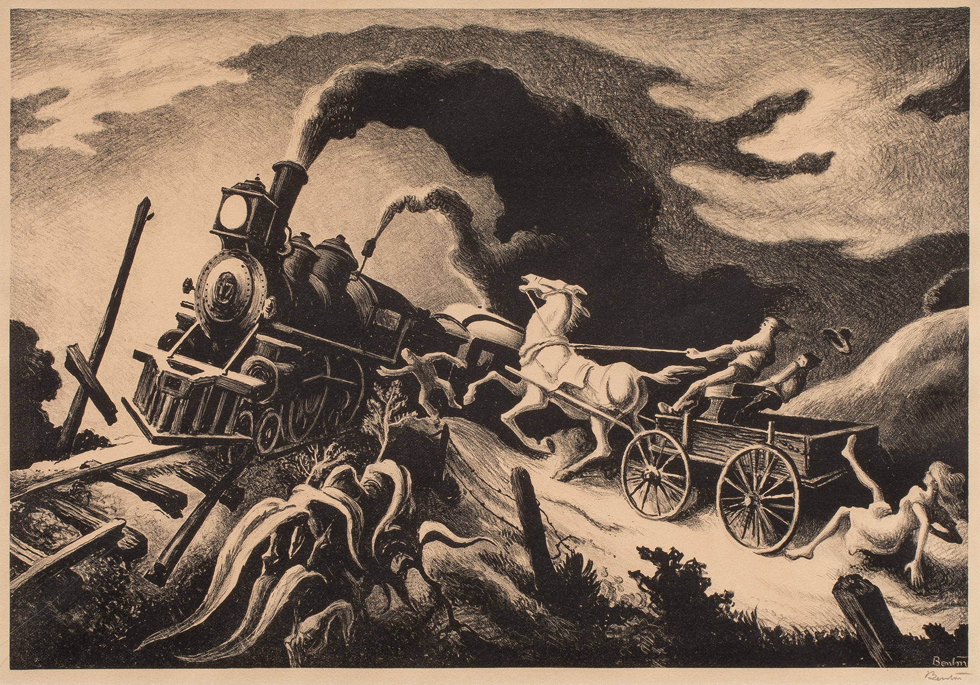 Thomas Hart Benton (American, 1889–1975), Wreck of the Ol' 97, 1944, lithograph, 10.5″ x 15″.Estimate: $6,000–$9,000