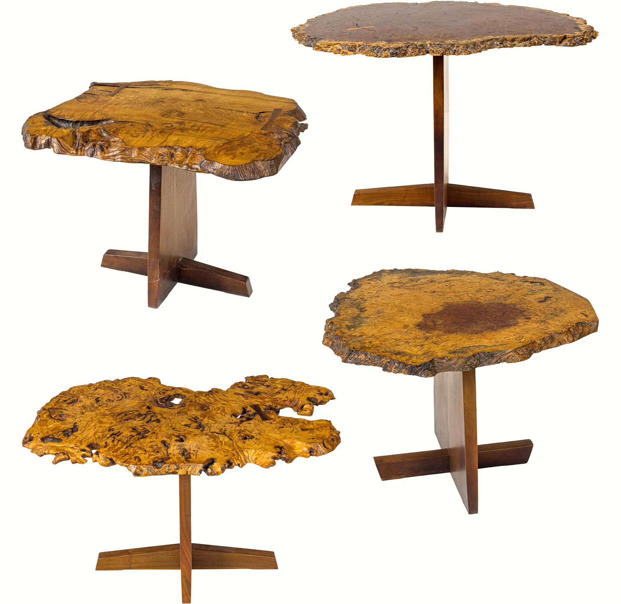 A fine group of four Mira Nakashima tables including burled oak examples.<br><b>Estimates Clockwise: $8,000–$12,000; 
$5,000–$7,000; $6,000–$9,000; 
$4,000–$6,000</b>
