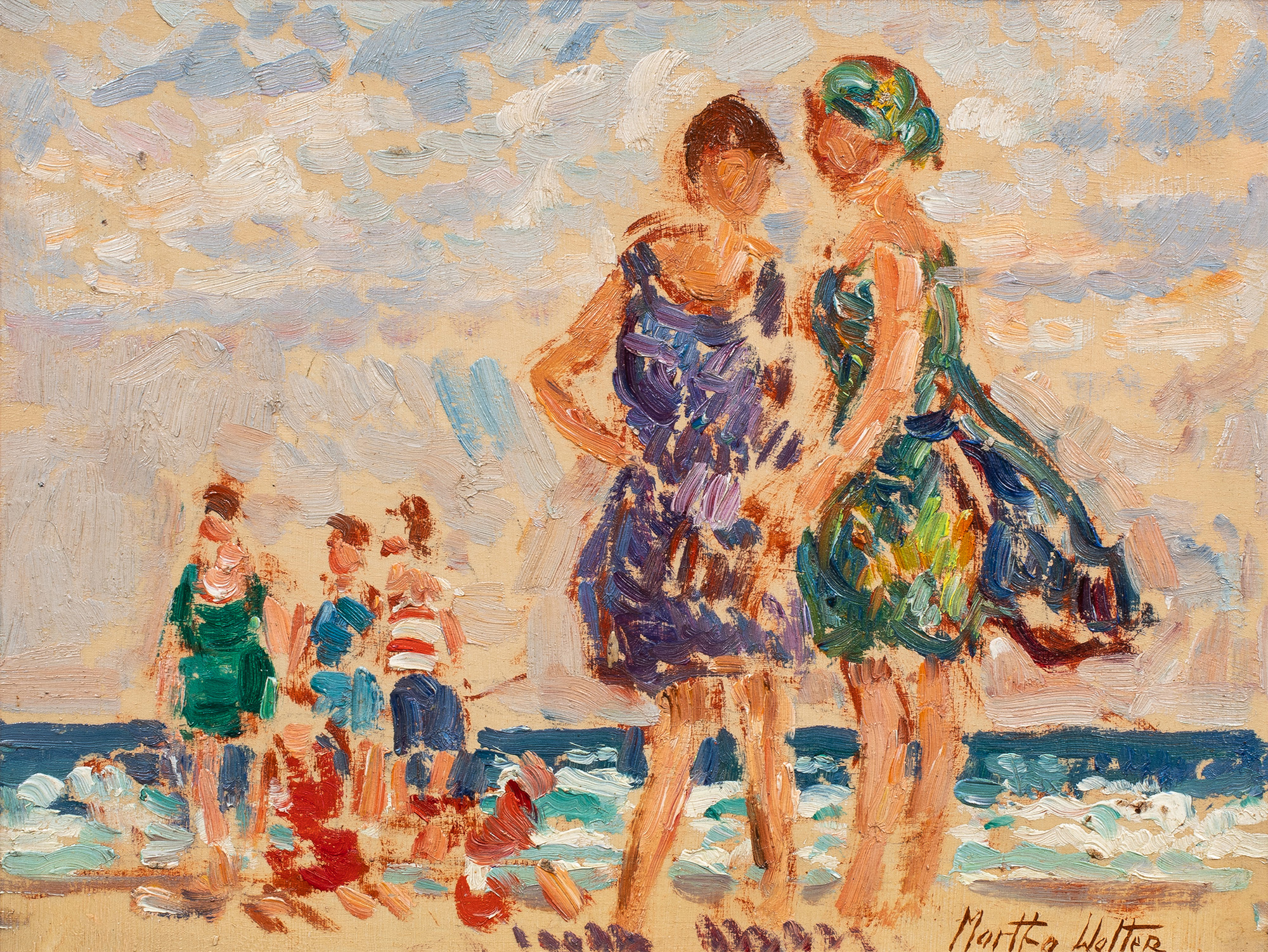 Martha Walter (American, 1875–1976), <em>Untitled (Figures at the Beach)</em>, oil on board, 8.5″ x 10.5″. <br><b>Estimate: $4,000–$6,000</b>