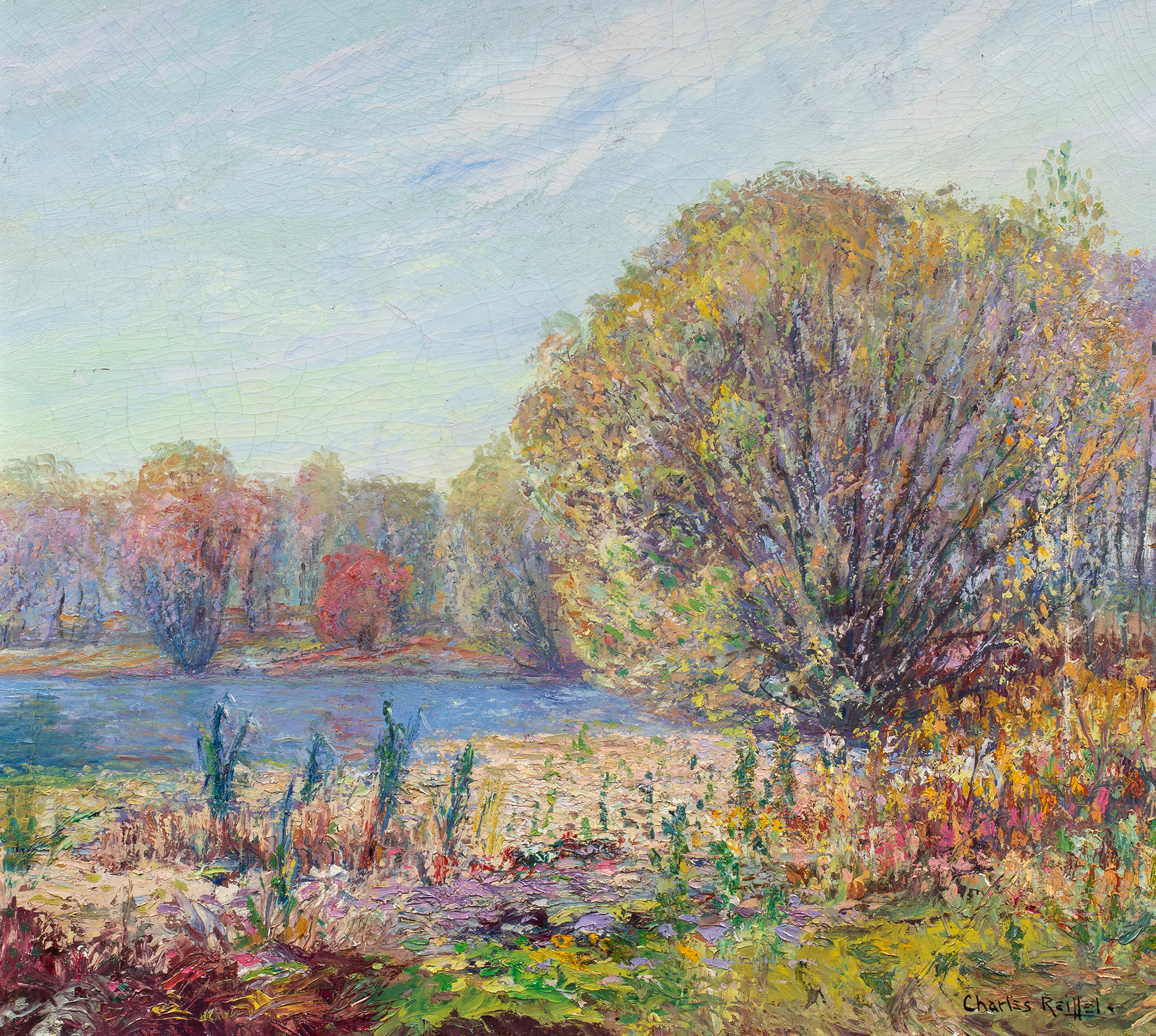 Charles P. Reiffel (American, 1862–1942), <em>Untitled (Autumn Landscape)</em>, oil on board, <nobr>22.5″ x 25.5″.</nobr> <br><b>Estimate: $6,000–$9,000</b>