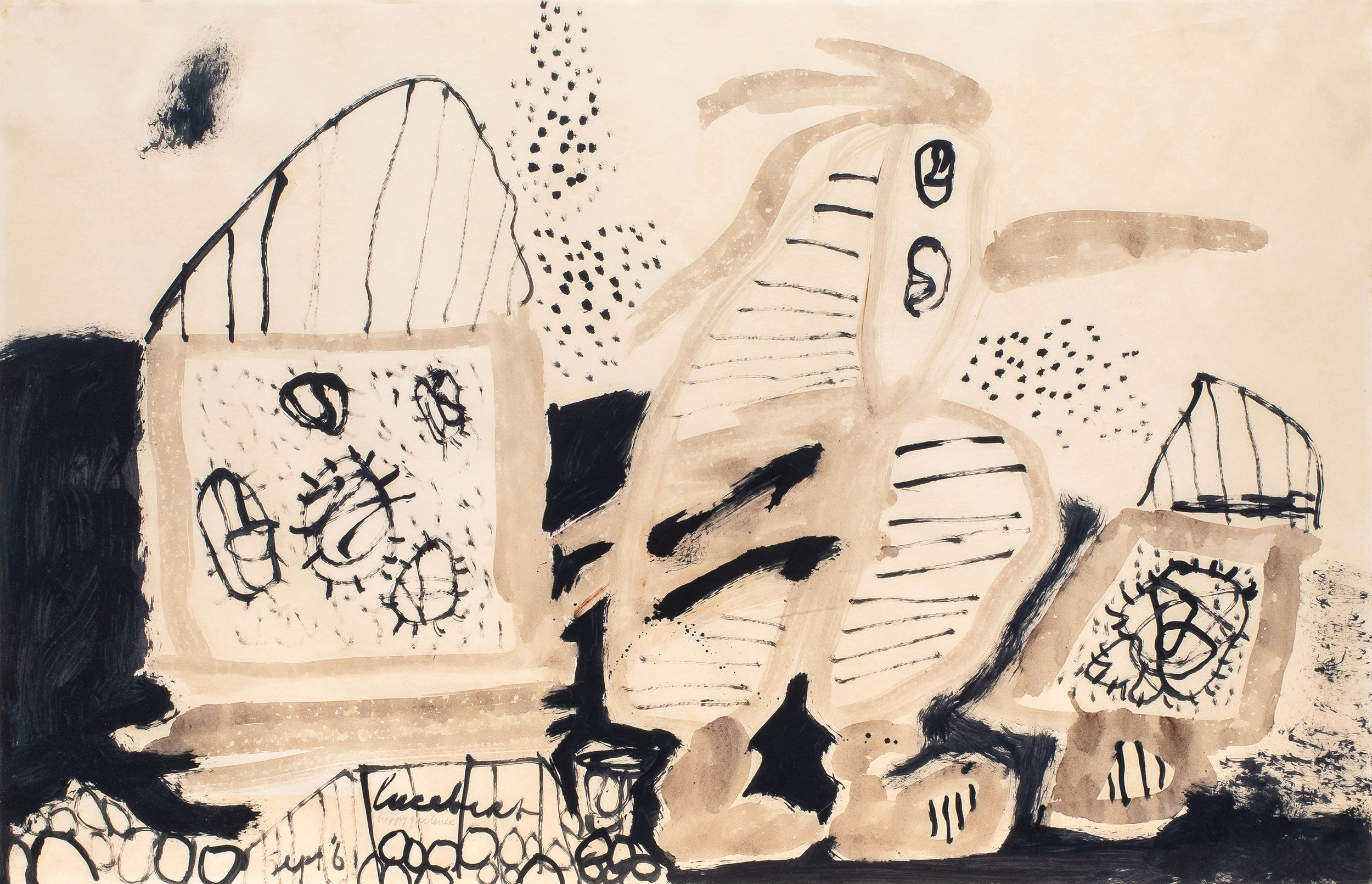 Jean Lucebert (Dutch, 1924–1994), <em>Happy Gardener</em>, 1961, gouache and watercolor on paper, 25″ x 39″. <br><b>Provenance: Christie's London (June 29, 1989, lot 543). Estimate: $3,000–$5,000</b>