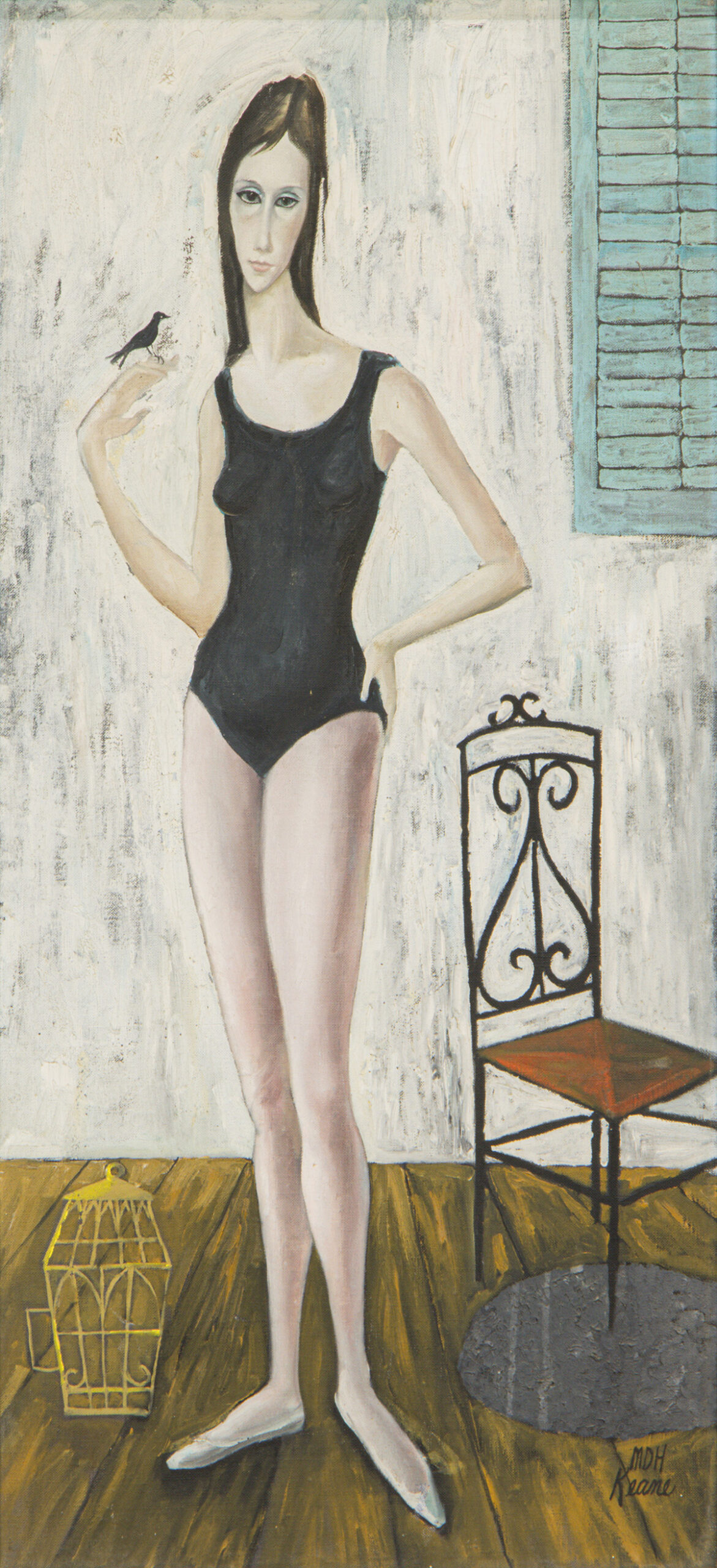 Margaret Keane (American, 1927–2022), <em>Dancer with Bird</em>, oil on canvas, 30.25″ x 14.25″. <br><b>Estimate: $6,000–$9,000 (1 of 4 to be offered)</b>