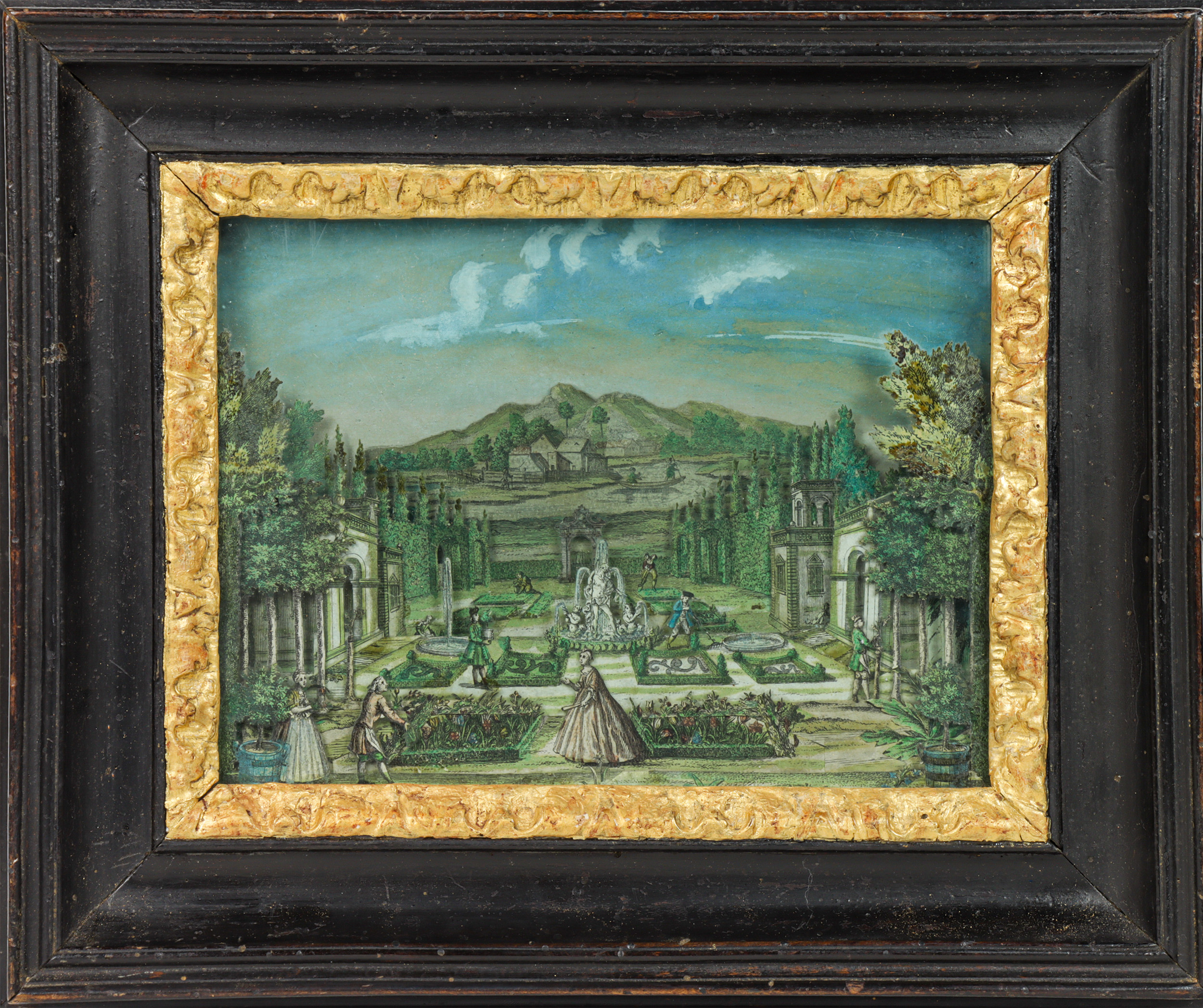A Continental hand-colored print diorama (1 of 2). <br><b>Estimate: $300–$500</b>