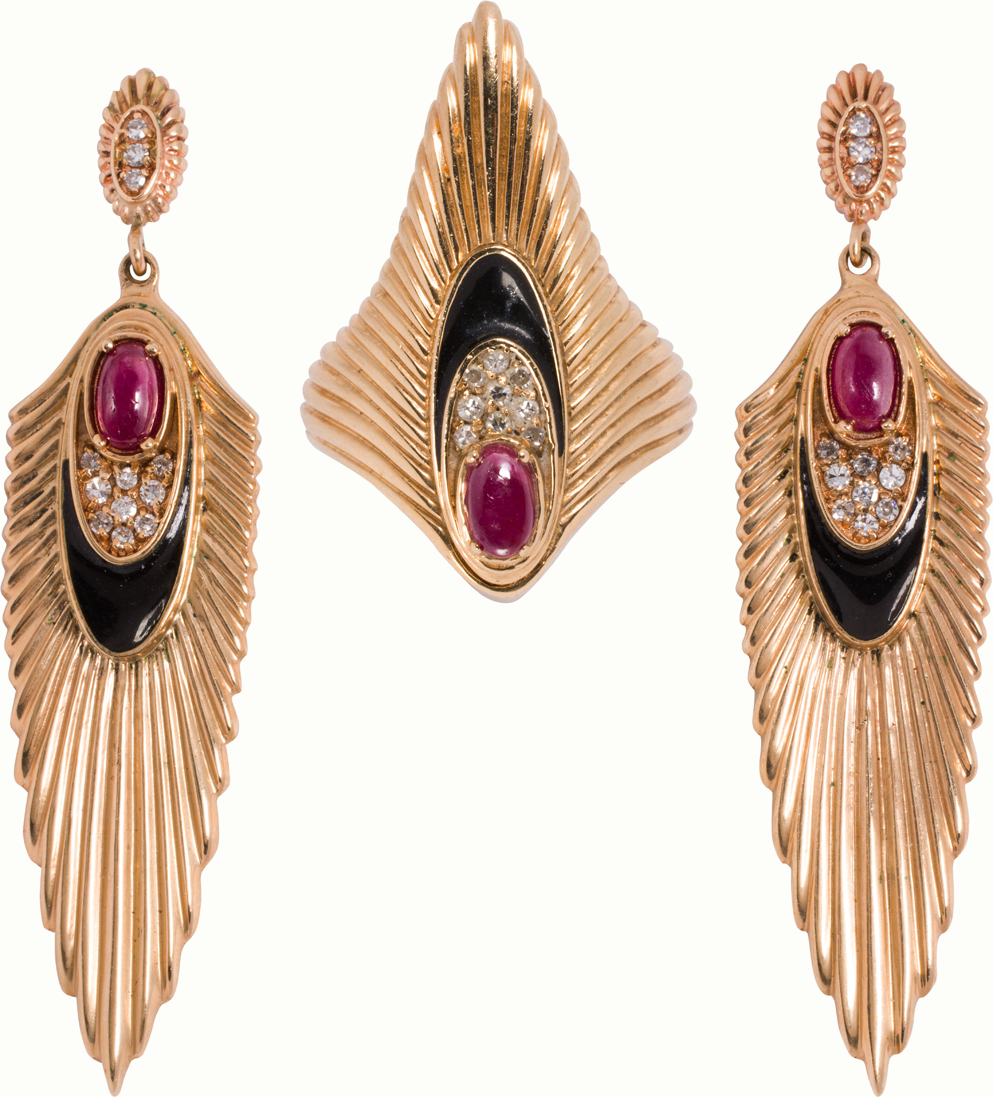 An Erte ruby, diamond and 14k gold Rayonnement ring and earring set. Estimate: $1,000–$2,000