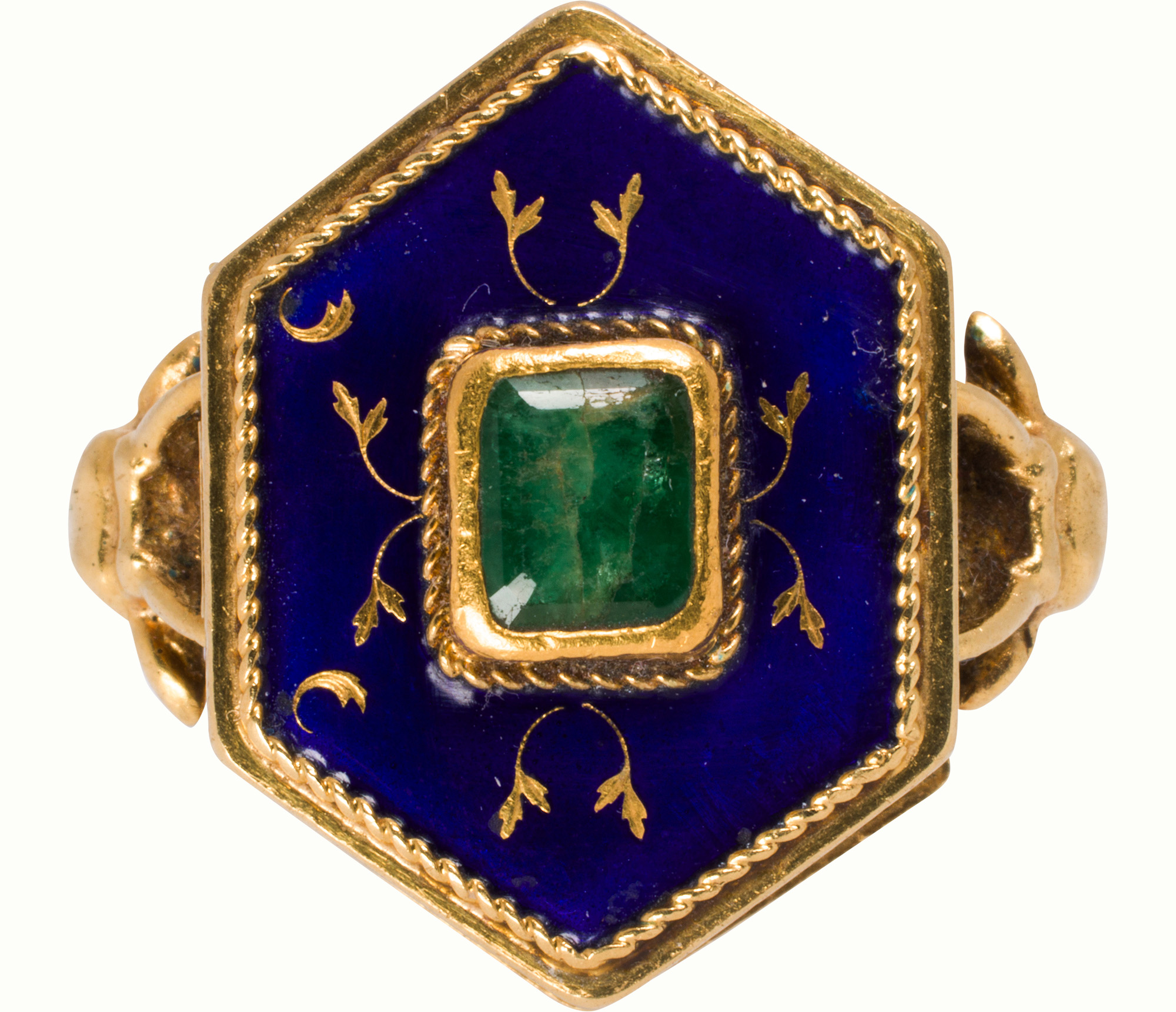 A Victorian emerald, enamel and 18k gold poison ring. Estimate: $1,500–$2,500