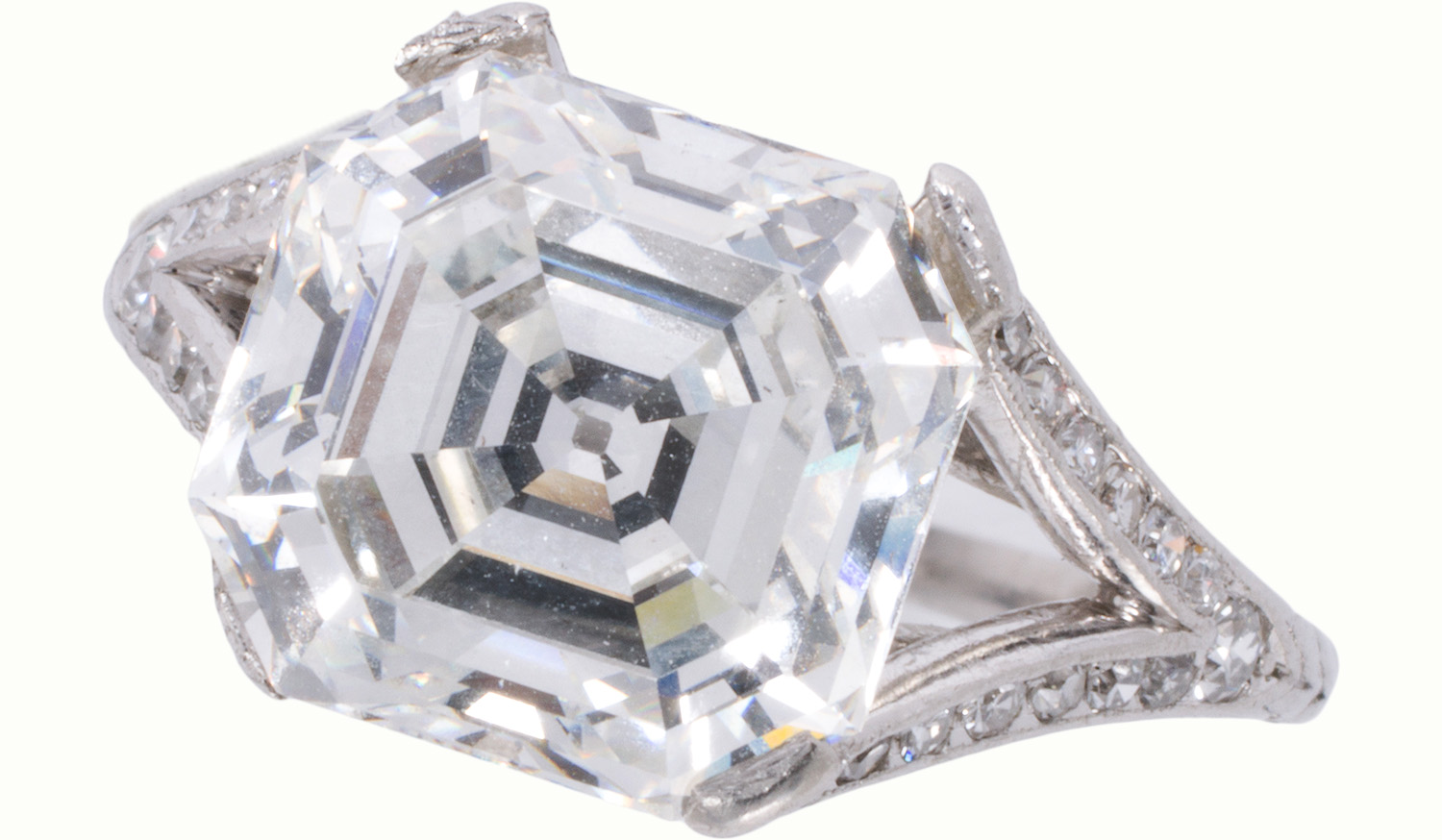 An Art Deco F, VS2 diamond and platinum ring. Estimate: $50,000–$70,000