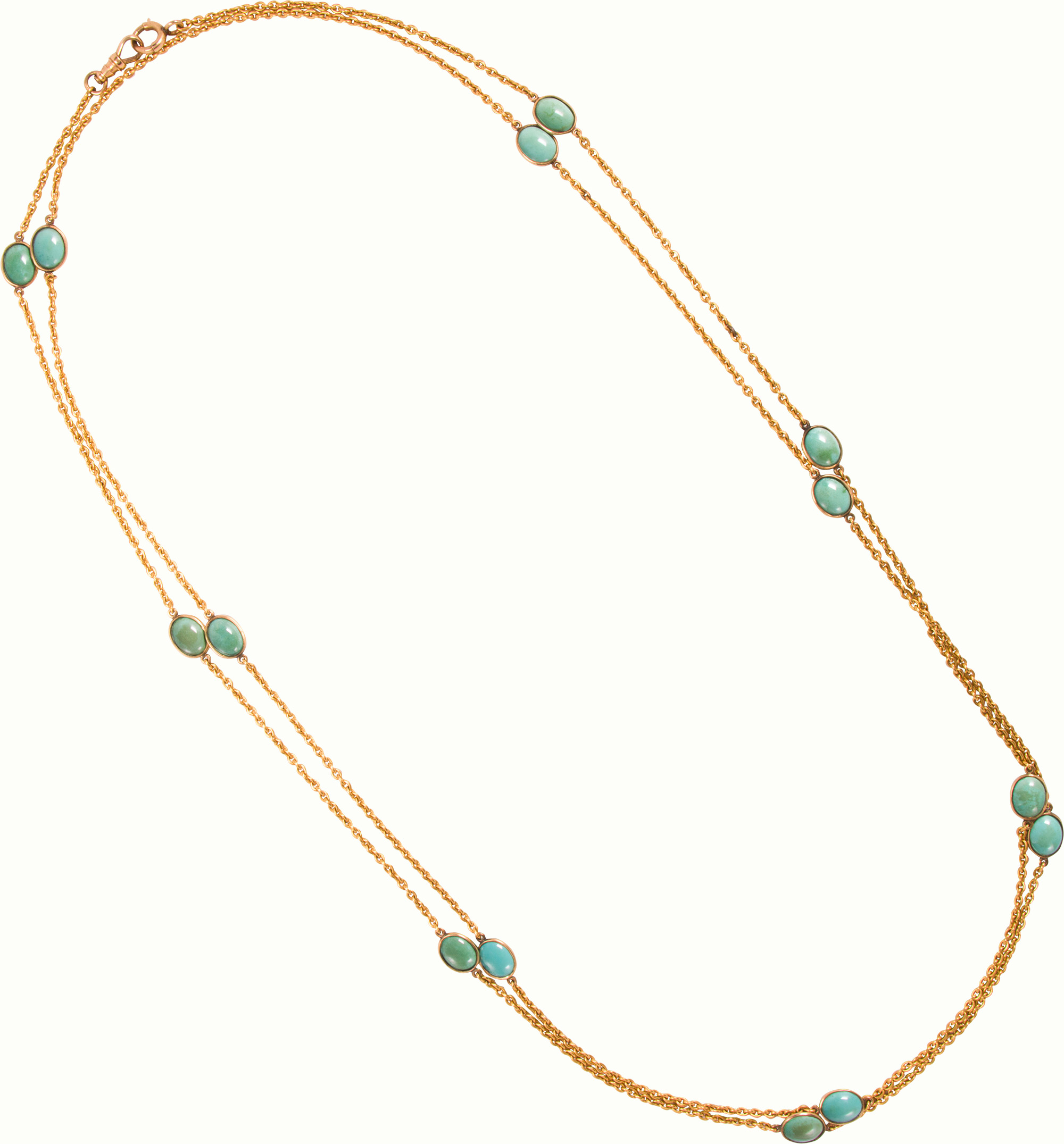 An antique turquoise and 14k gold longchain. Estimate: $2,500–$3,500
