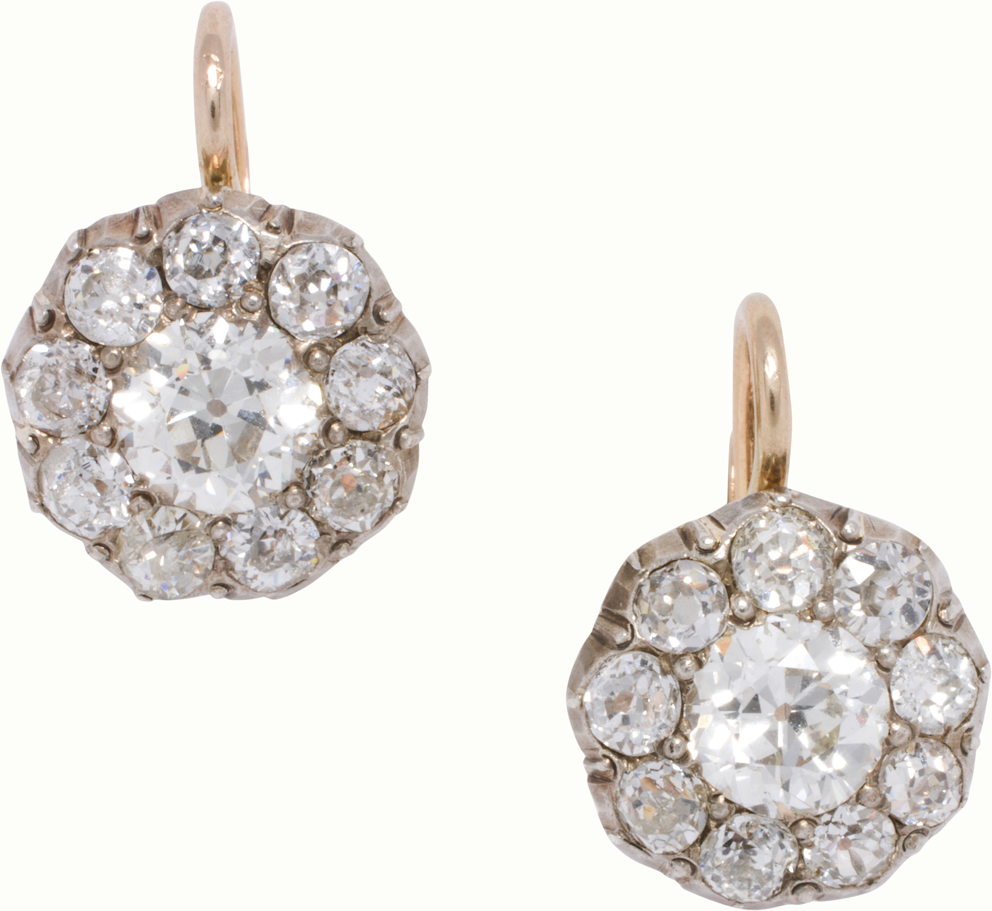A pair of antique diamond and silver-topped 14k gold earrings. Estimate: $3,000–$5,000