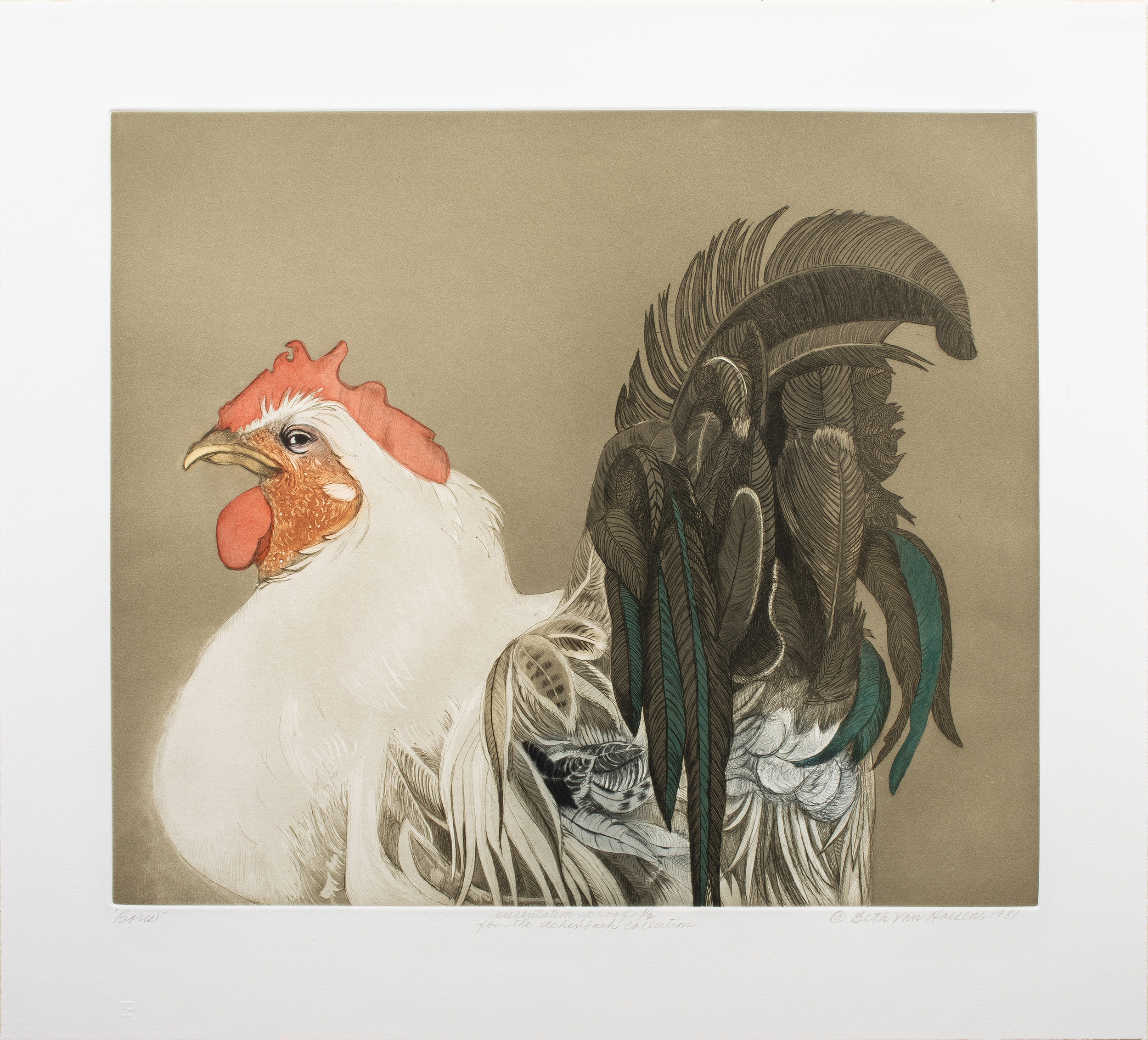 Beth van Hoesen (American, 1926–2010), Boris, 1981 aquatint, etching and drypoint with watercolor, 15.44″ x 17.94″. Estimate: $800–$1,200 (1 of 5 to be offered)