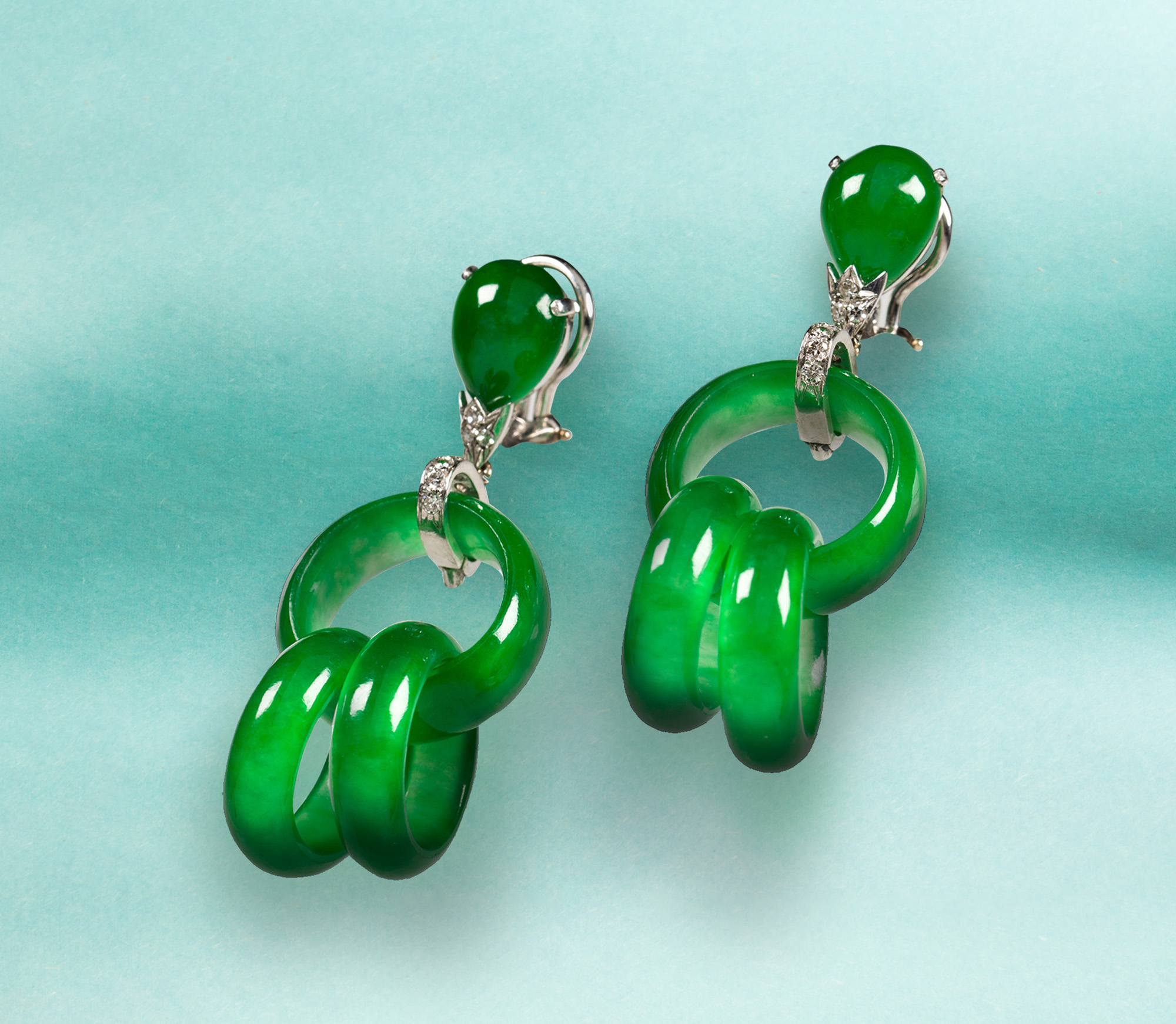 A pair of ‘A Grade’ jadeite and platinum ear-clips.<br><b>Sold: $88,200</b>
