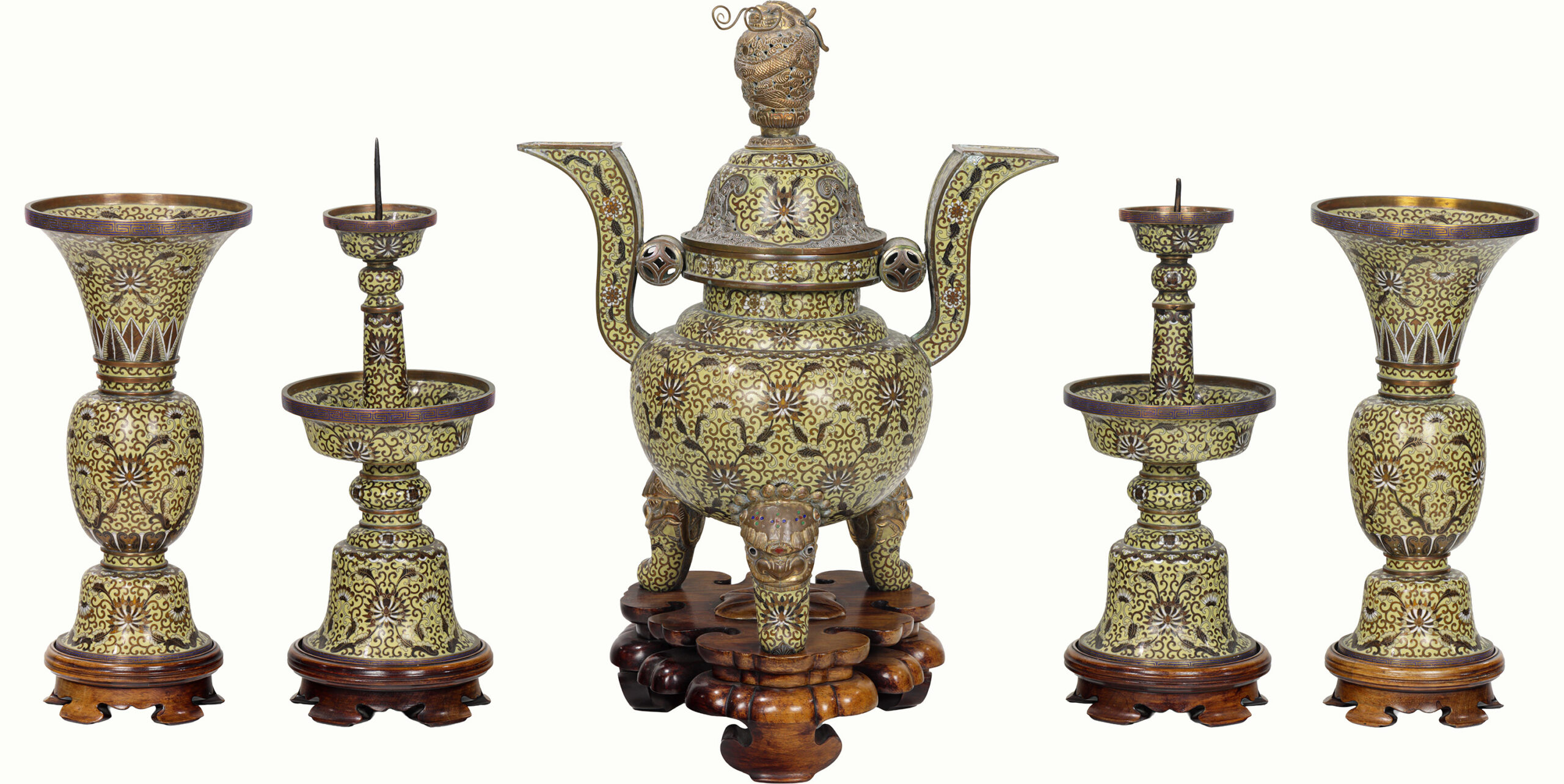 A Chinese five-piece cloisonne enamel altar service, Republic period. <br><b>Estimate: $1,500–$2,500</b>