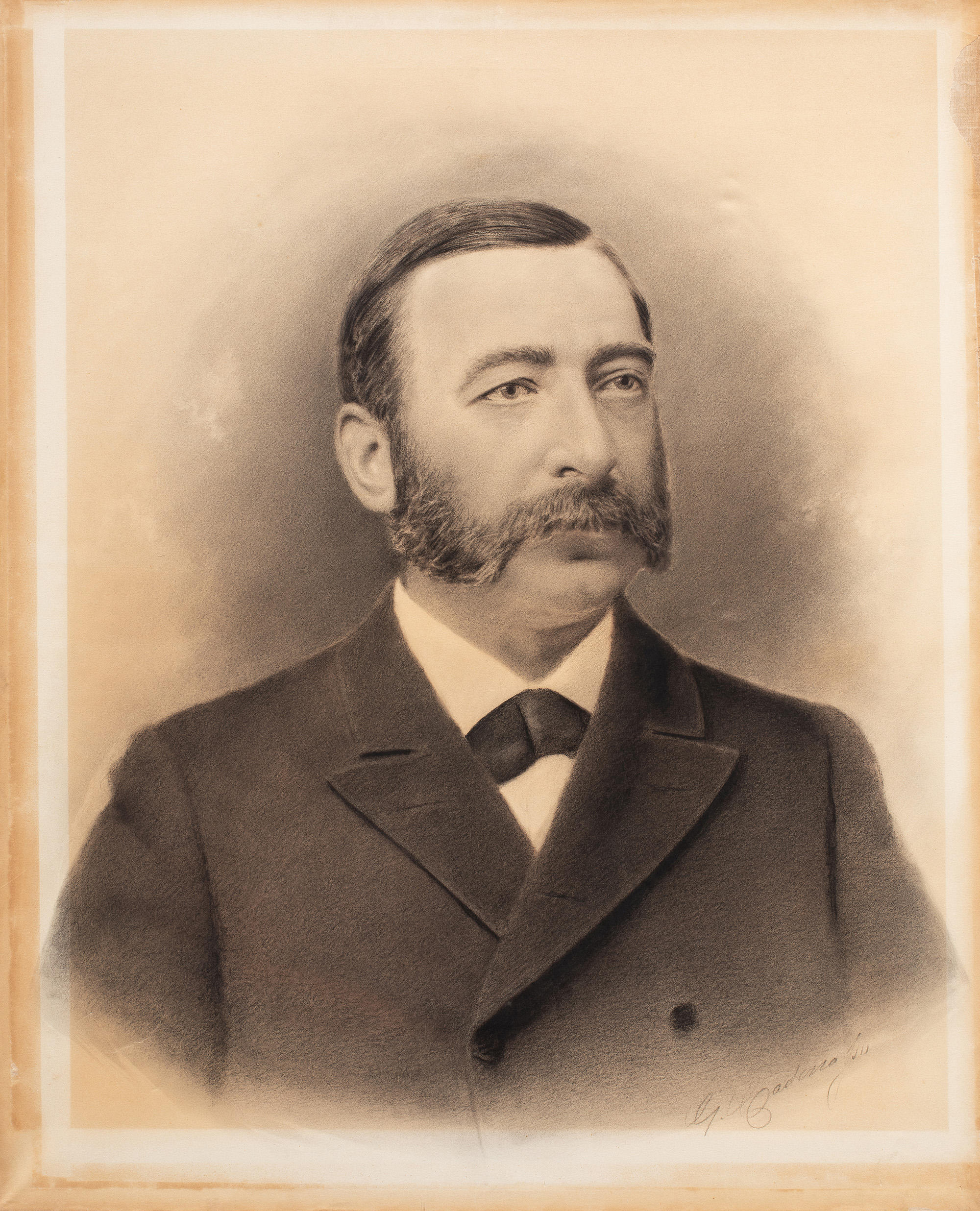 Giuseppe Cadenasso (American, 1858–1918), <em>Portrait of Gustave Gump</em>, charcoal on paper, 27″ x 22″. <br><b>Estimate: $300–$500</b>