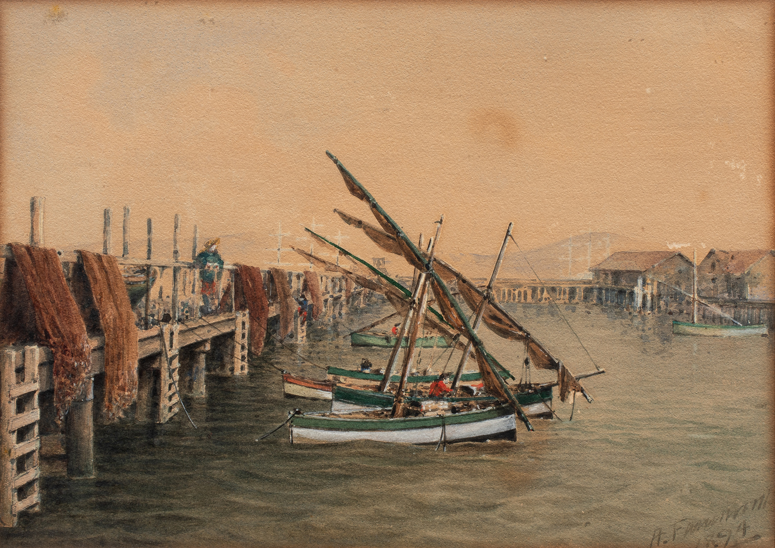 Alfred V. Farnsworth (American, 1858–1908), <em>Fisherman’s Wharf, San Francisco</em>, 1894, watercolor, <nobr>9.63″ x 13.63″.</nobr> <br><b>Estimate: $500–$700</b>