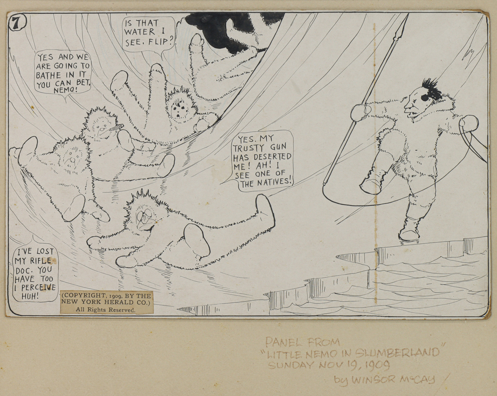 Winsor McCay (American, 1869–1934), <em>Little Nemo in Slumberland</em> Panel, November 19th, 1909, ink on paper board, clipping from <em>New York Herald</em> 7″ x 10.75″. <br><b>Estimate: $5,000–$7,000</b>