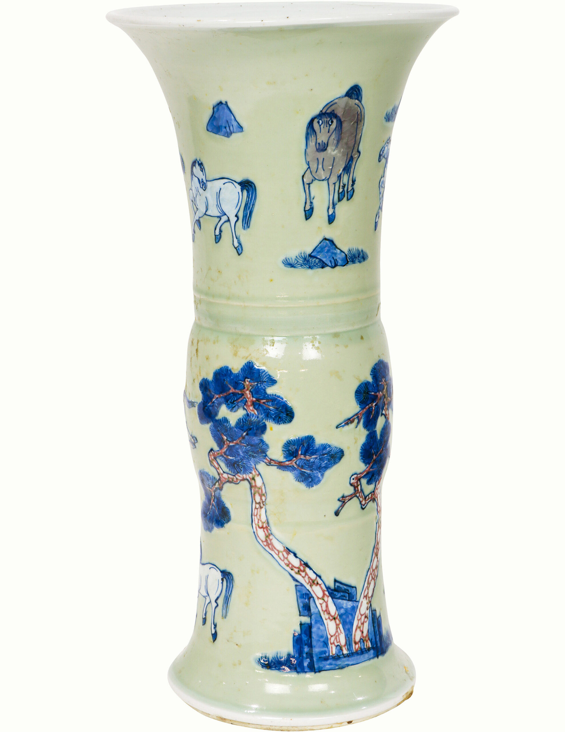 A Chinese celadon ground underglaze-blue and copper-red &lsquo;horse&rsquo; gu-form vase. Estimate: $3,000–$5,000