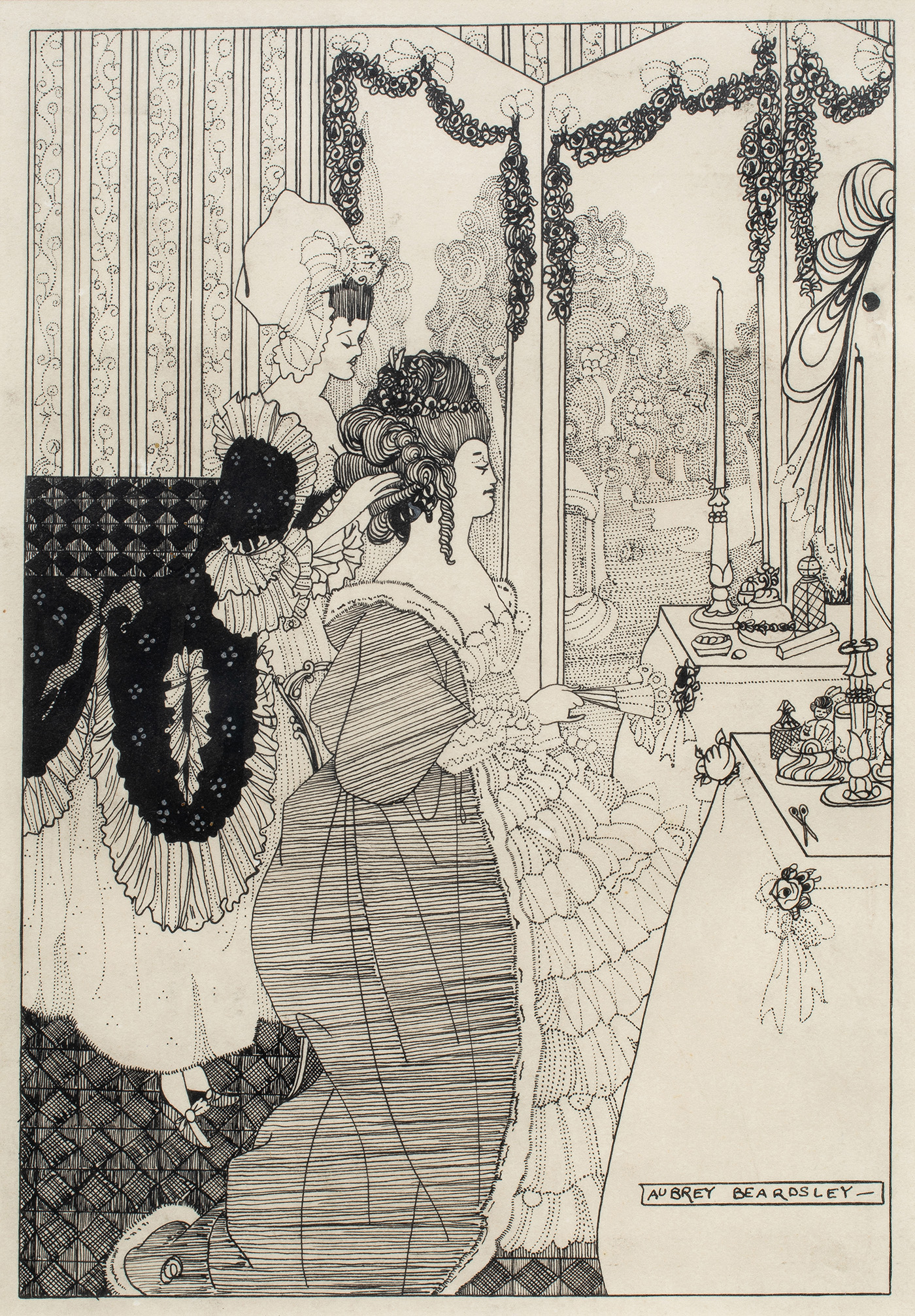 Aubrey Beardsley (British, 1872–1898), The Toilet from The Rape of the Lock, c. 1895, ink on paper, 7.5″ x 5.25″. Provenance: The Joan and Lester Avnet Collection, D 65-102. Estimate: $6,000–$9,000