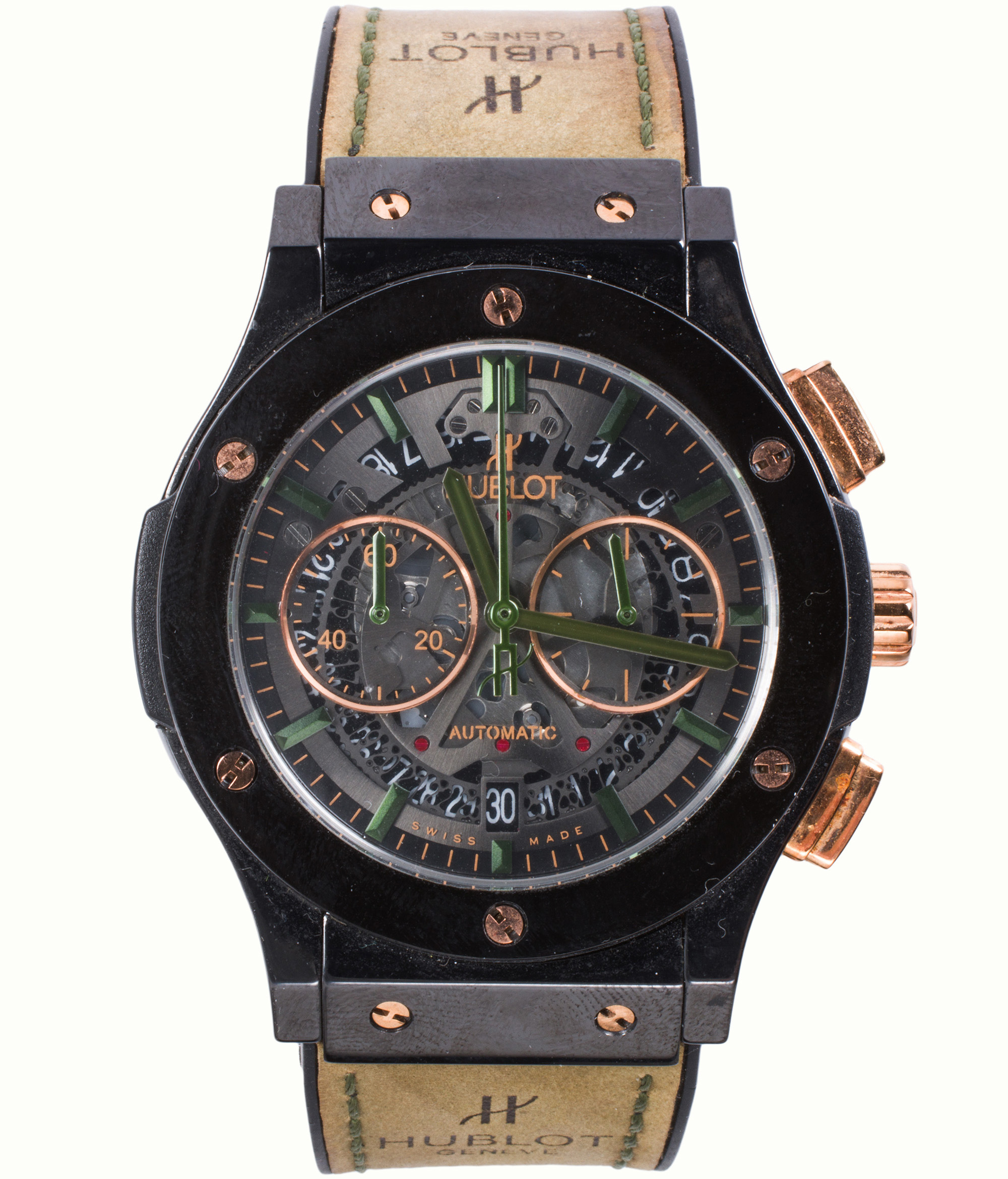 A Hublot Classic Fusion 77e Bol D’or Mirabaud edition #01/77 18k rose gold and enamel watch. Estimate: $6,000–$10,000