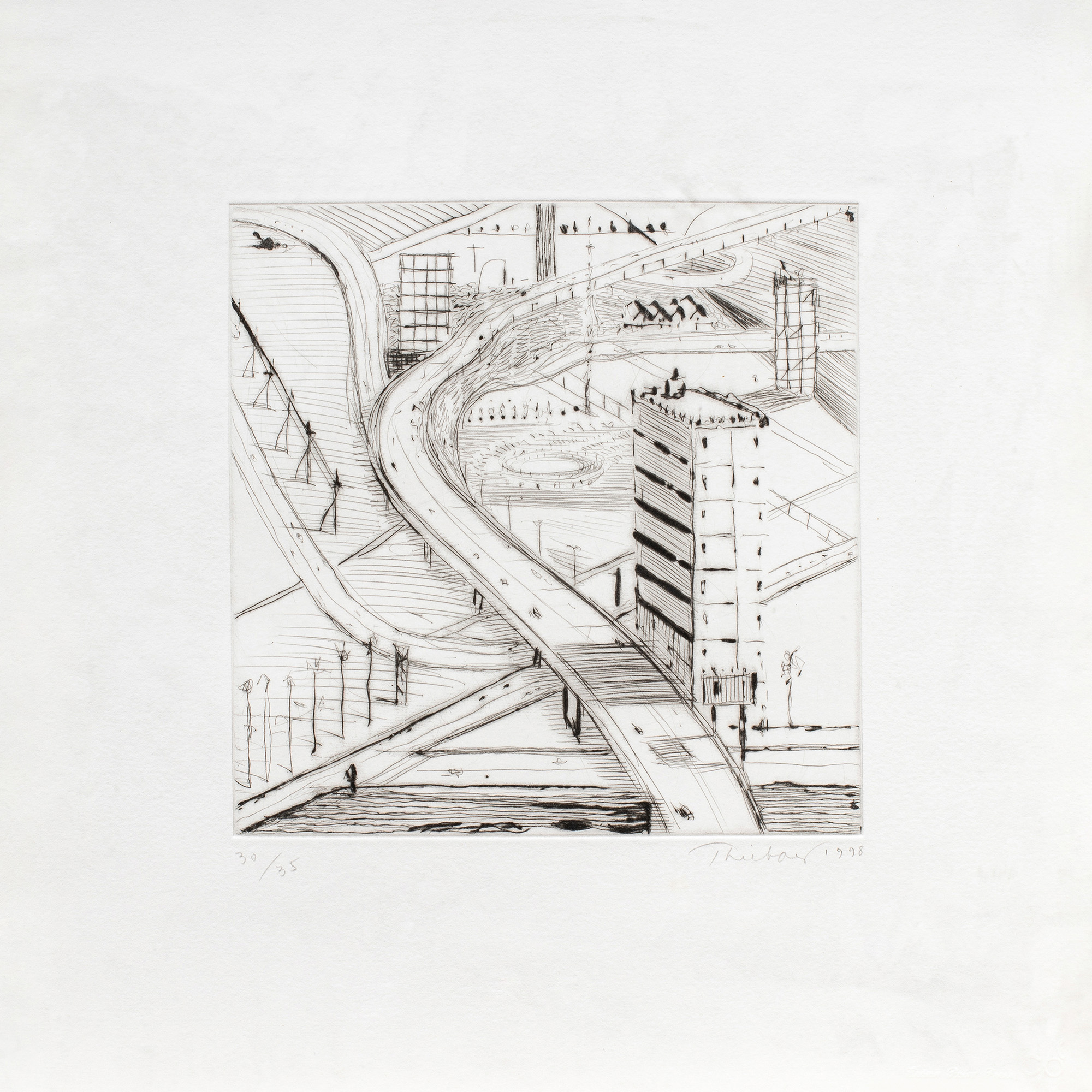 Wayne Thiebaud (American, 1920–2021), Freeway Building, 1998, drypoint etching, 12.5″ x 12″. Estimate: $3,000–$5,000