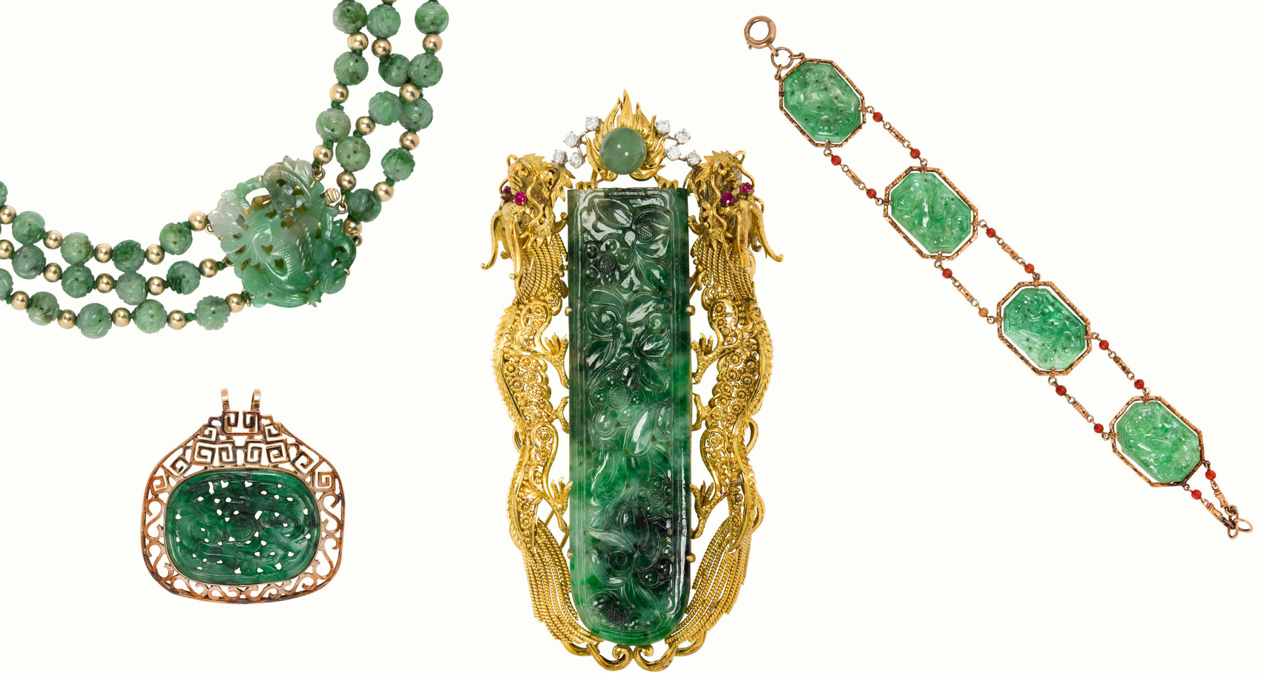<b>From Left to Right:</b> A Jadeite and 14k gold bead necklace. <b>Estimate: $3,500–$5,500</b>; A Jadeite and 14k gold pendant. <b>Estimate: $800–$1,200</b>; A Jadeite, diamond, ruby and 18k gold dragon pendant. <b>Estimate: $10,000–$15,000</b>; A jadeite and 14k gold bracelet. <b>Estimate: $1,000–$1,500</b>