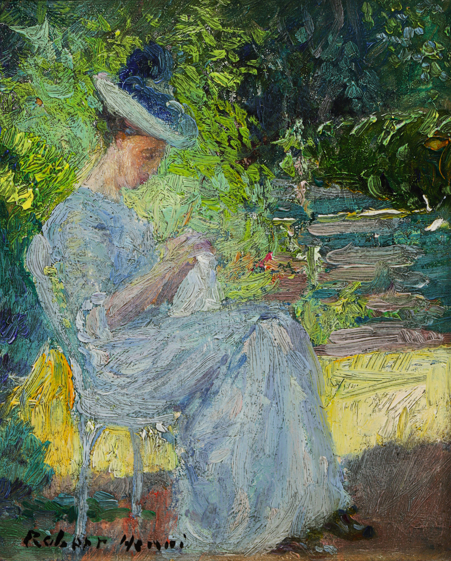 Robert Henri (American, 1865–1929), Untitled (Sewing in the Garden), oil in board, 5.75″ x 5″. Estimate: $5,000–$7,000