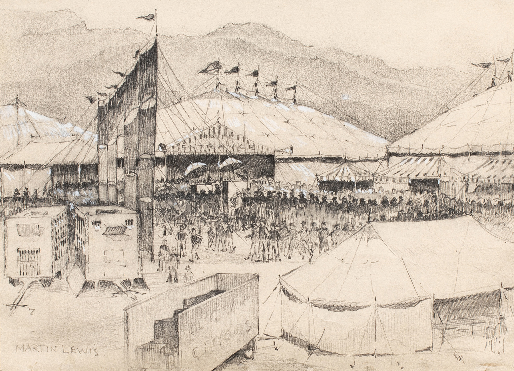 Martin Lewis (American, 1881–1962), Untitled (Study for Circus), pencil and gouache on paper, 8.5″ x 11.5″. Estimate: $4,000–$6,000