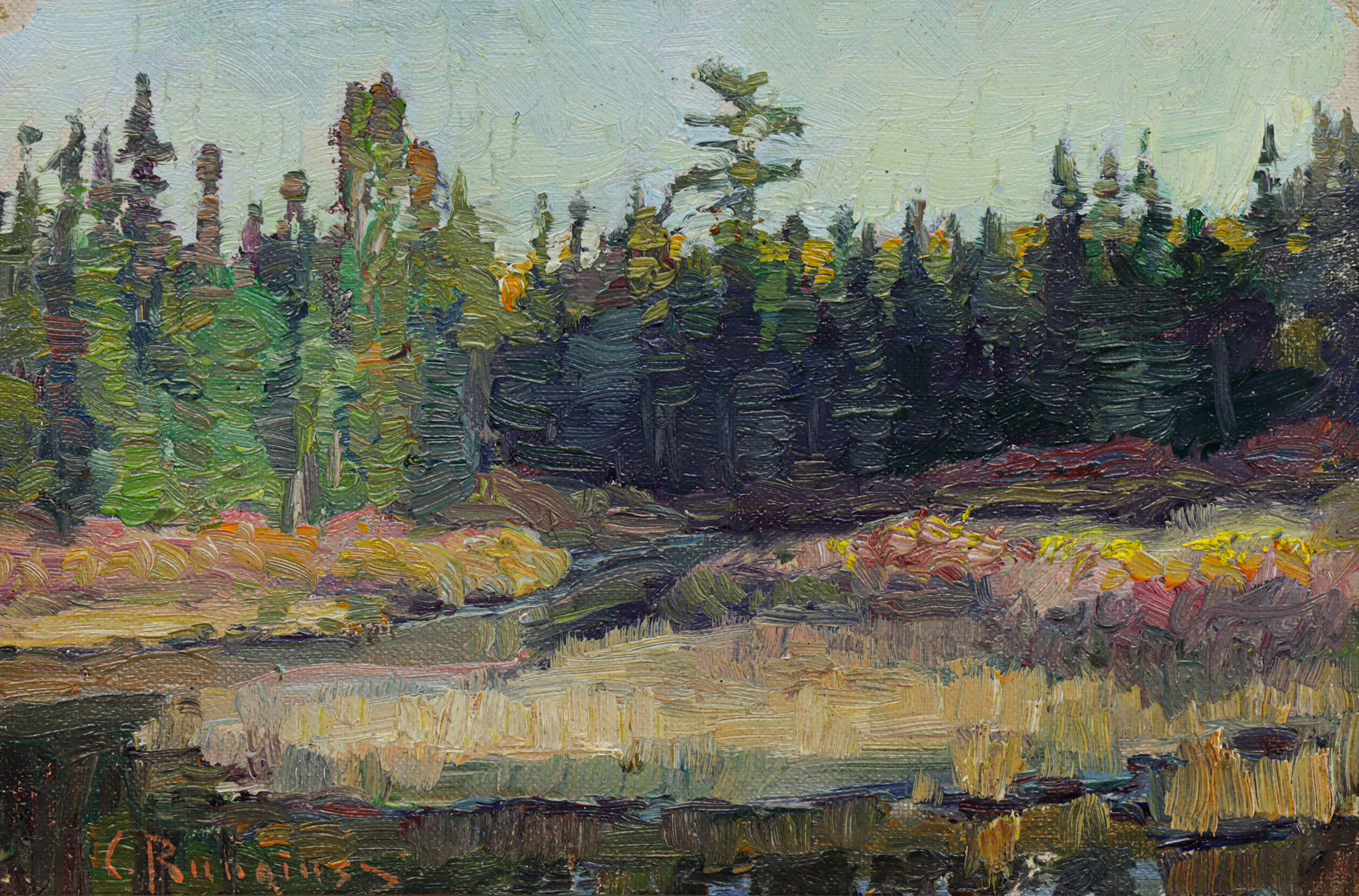 Carl Rungius (American/German, 1869–1959), Untitled (Forest Stream), oil on canvas board, 6.25″ x 9.25″ (1 of 2 to be offered). Estimate: $5,000–$7,000