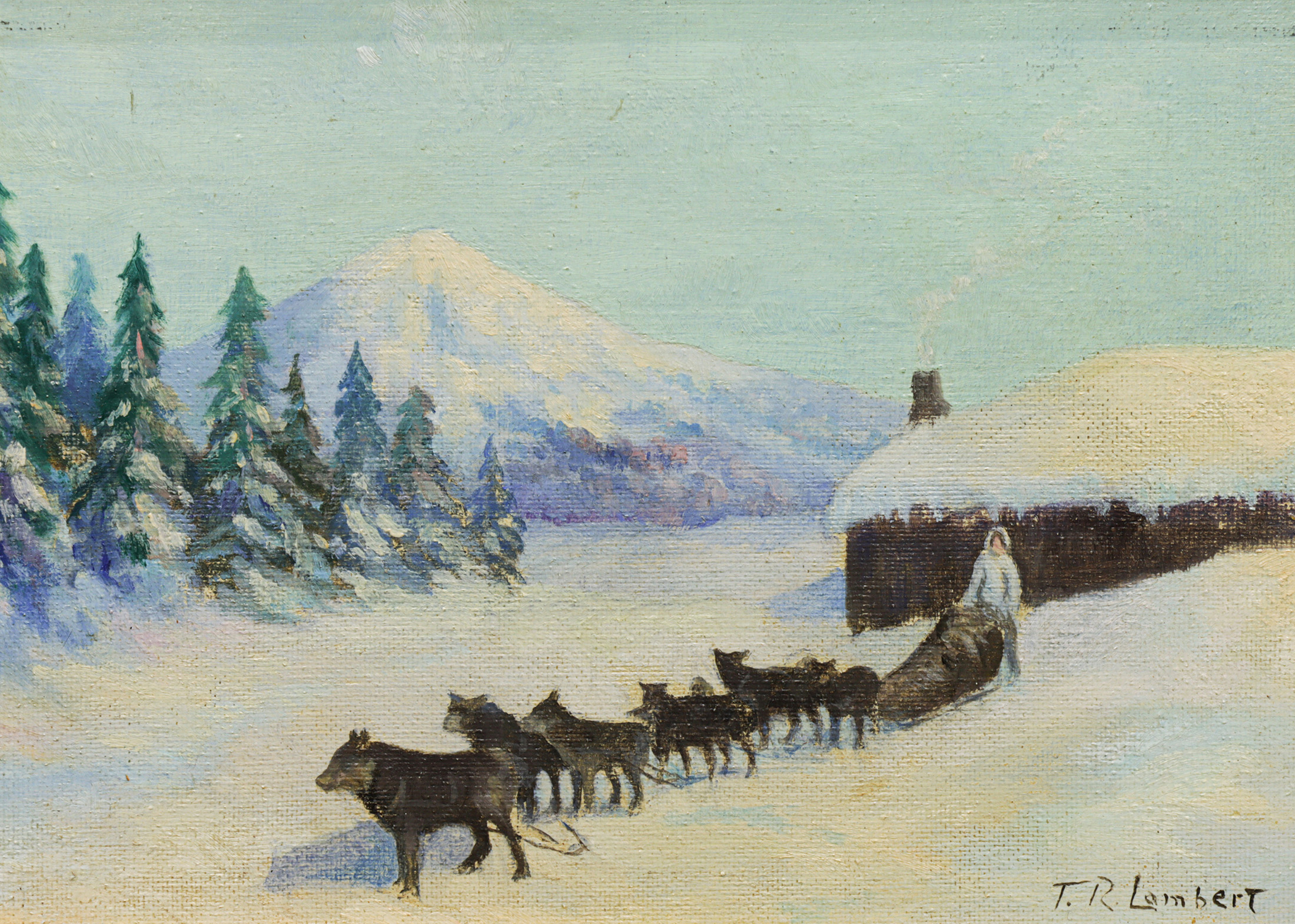 Theodore Roosevelt Lambert (American, 1905–1960), Untitled (Dog Sled Preparing for a Run), oil on canvas board, 8.75″ x 11.88″. Estimate: $3,000–$5,000