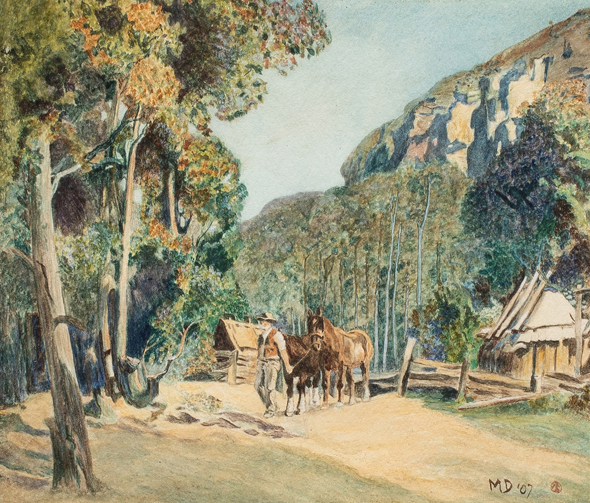 Maynard Dixon (American, 1875–1946), Untitled (Ranch Scene), 1907, watercolor, 8.5″ x 10″ (1 of 2 to be offered). Estimate: $6,000–$9,000