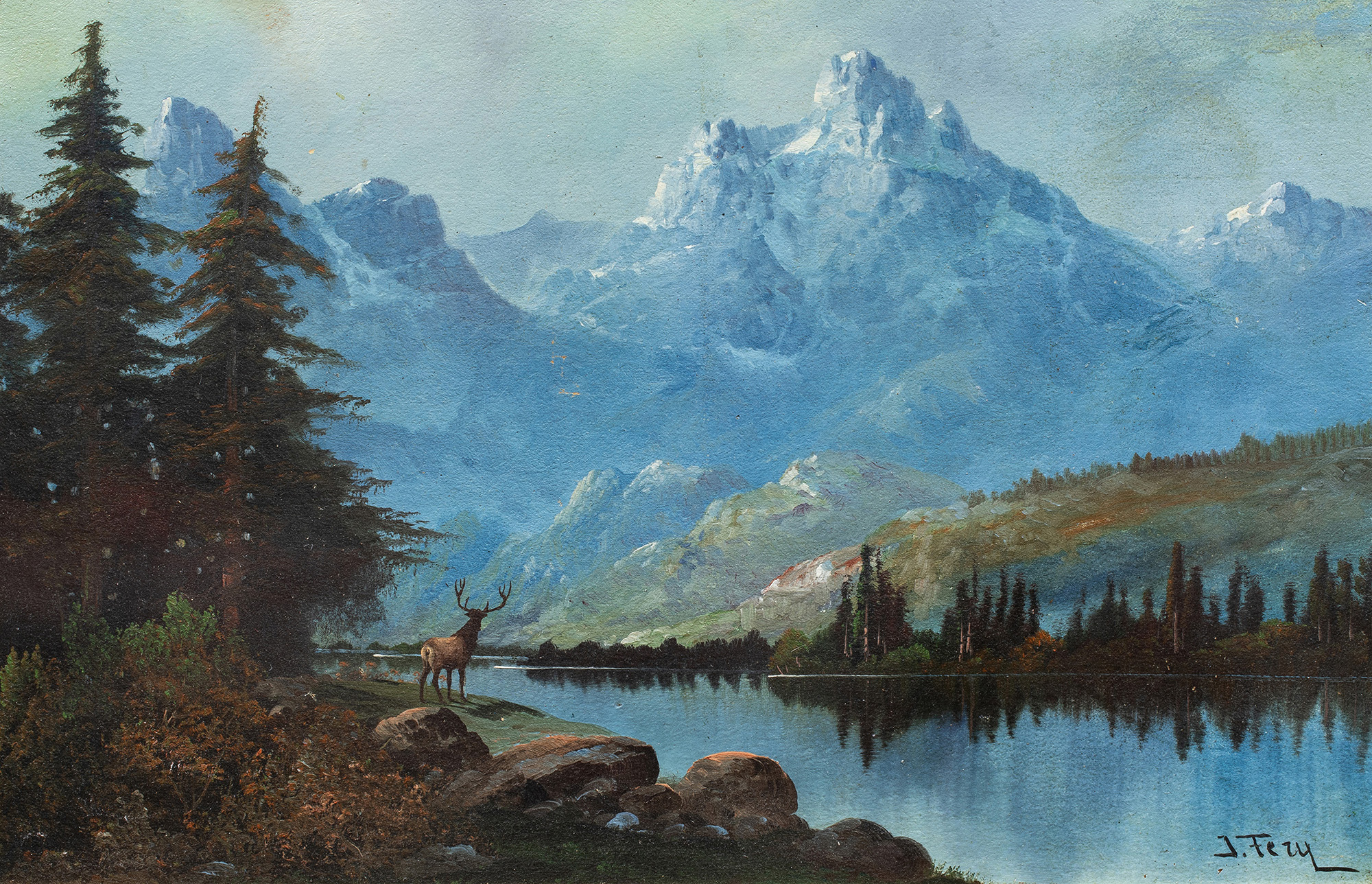 John Fery (American, 1859–1934), Untitled (Stag by a Mountain Lake), oil on board, 15″ x 23.5″. Estimate: $4,000–$6,000