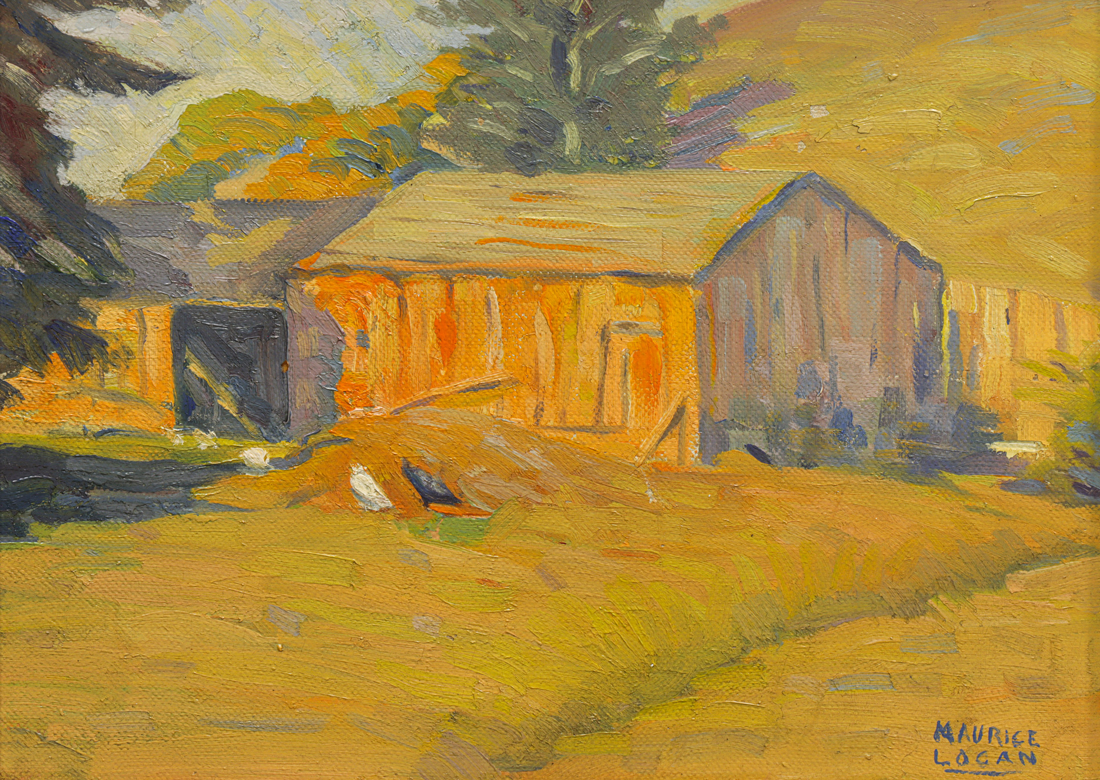 Maurice Logan (American, 1886–1977), Study - Sunlight on the Old Barn, oil on canvas, 12″ x 16″. Estimate: $3,000–$5,000