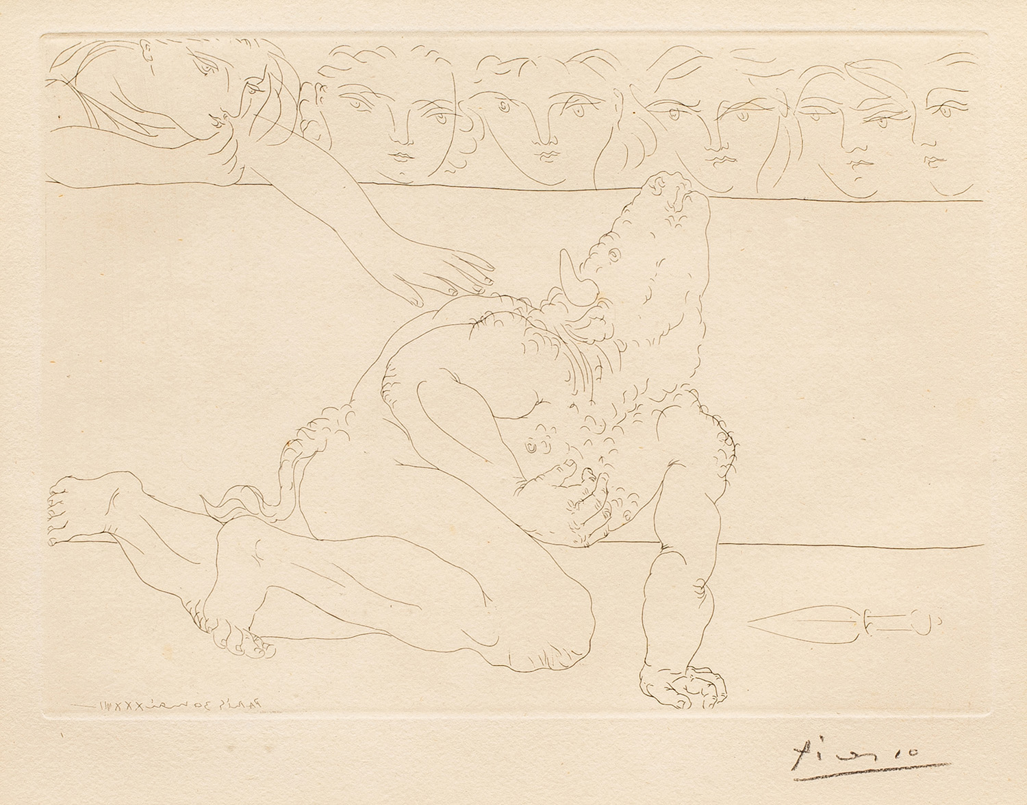 Pablo Picasso (Spanish, 1881–1973), Minotaure mourant (from La Suite Vollard), 1933, etching, 7.5″ x 10.5″. Estimate: $4,000–$6,000