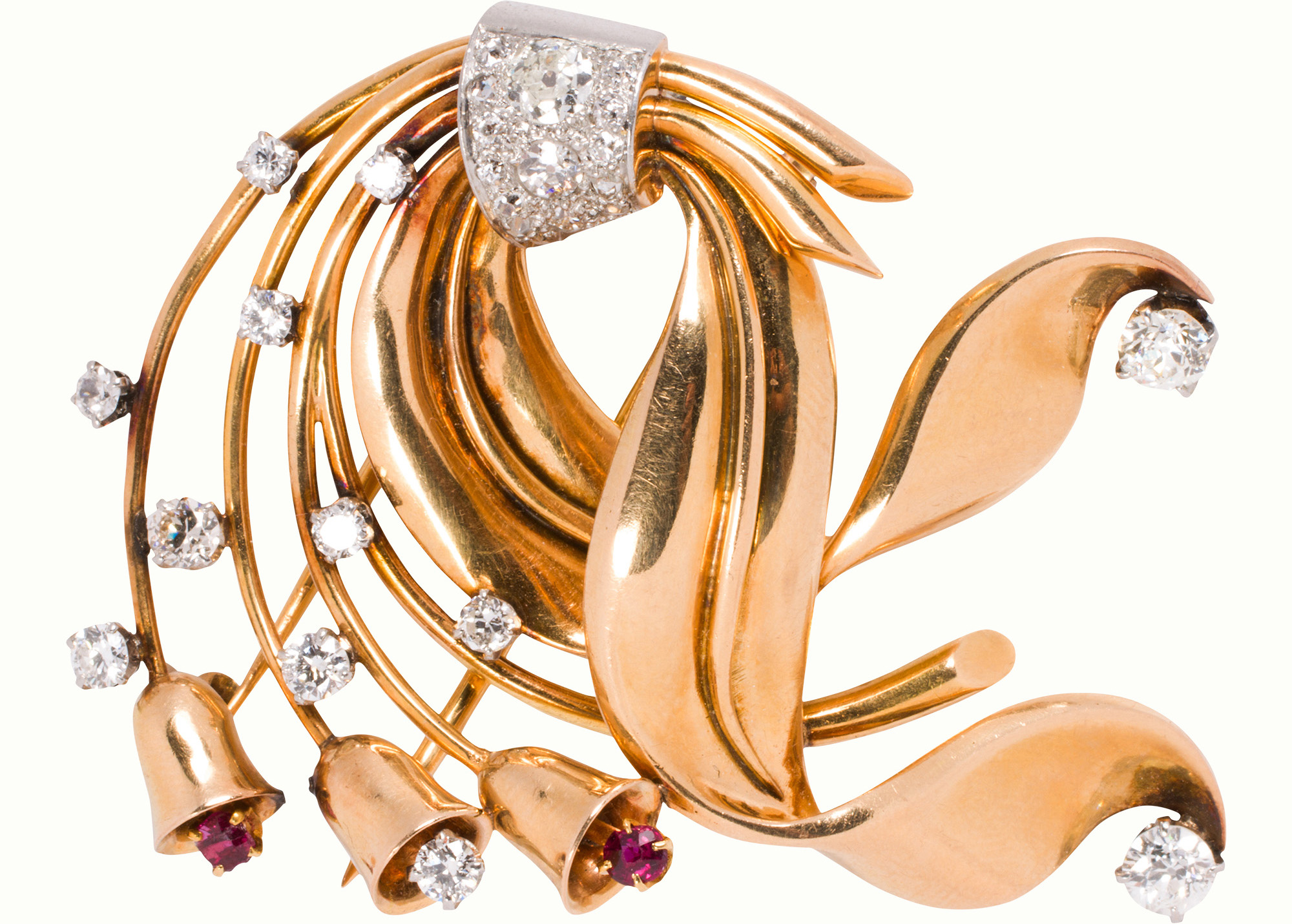 A Retro ruby, diamond, and 18k gold brooch. Estimate: $6,000–$8,000