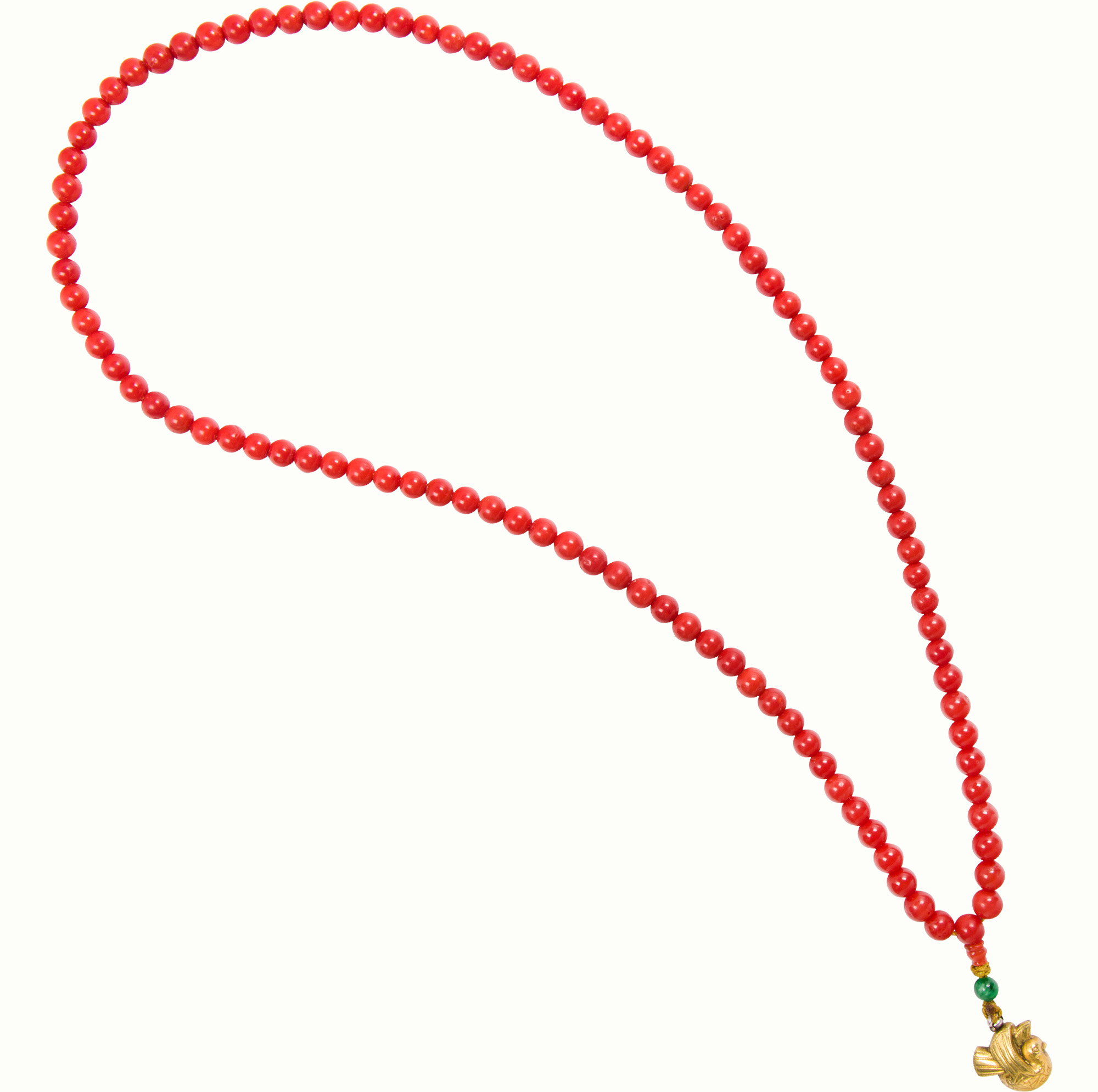 A coral and jade worry bead necklace. Estimate: $2,500–$3,500